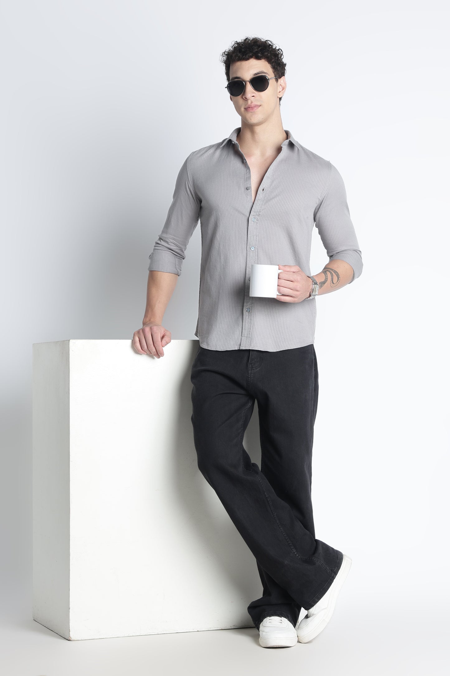 Men Curio Cotton Stripes Shirt-Grey