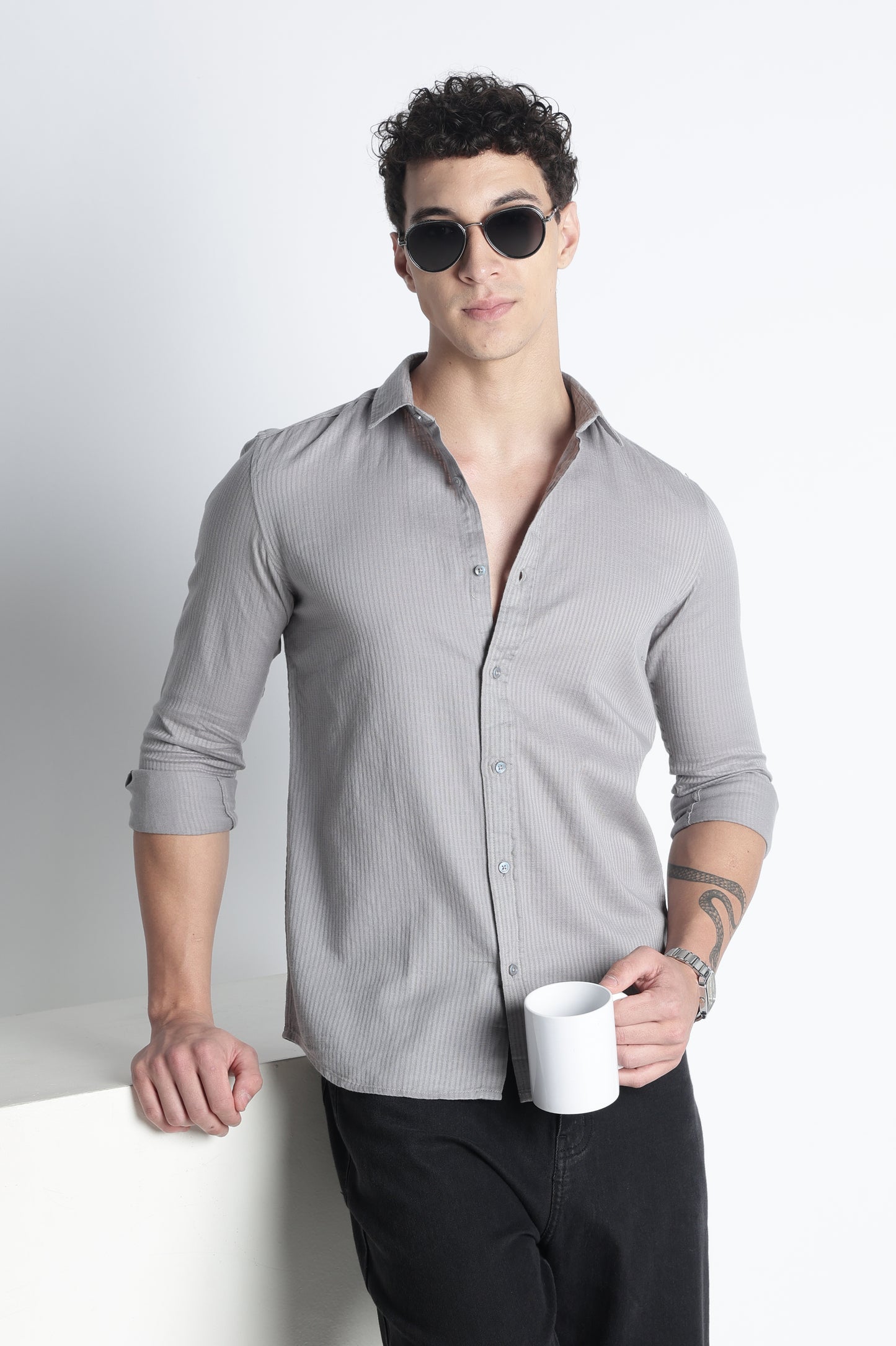 Men Curio Cotton Stripes Shirt-Grey