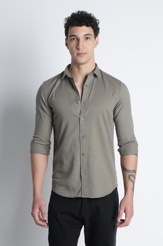 Men Curio Cotton Stripes Shirt-Olive