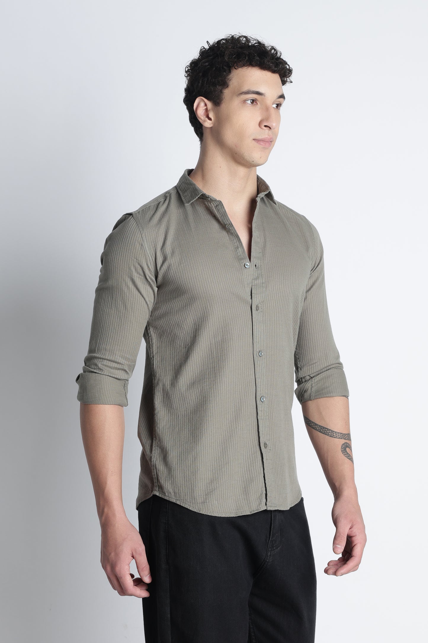 Men Curio Cotton Stripes Shirt-Olive