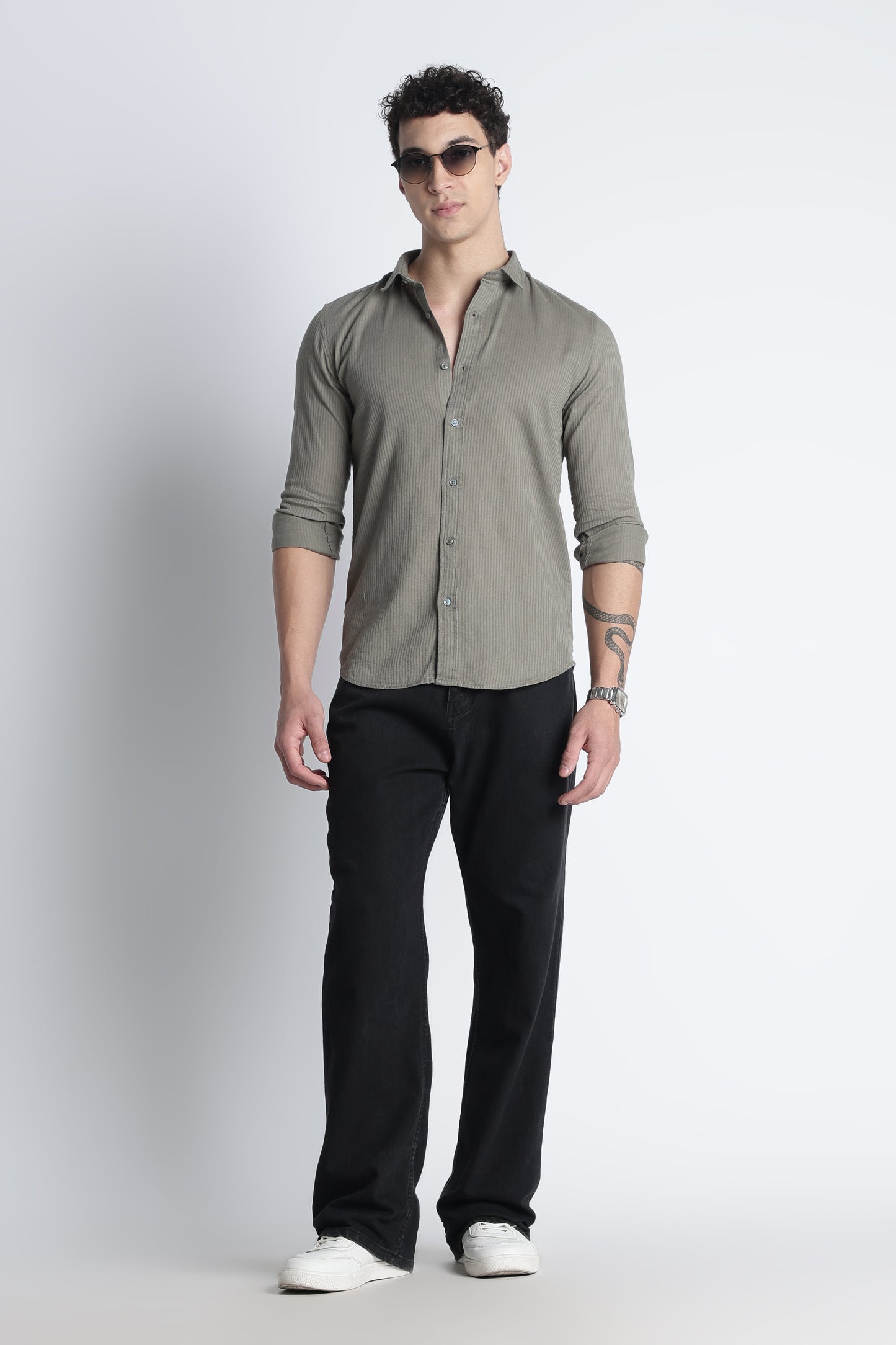 Men Curio Cotton Stripes Shirt-Olive
