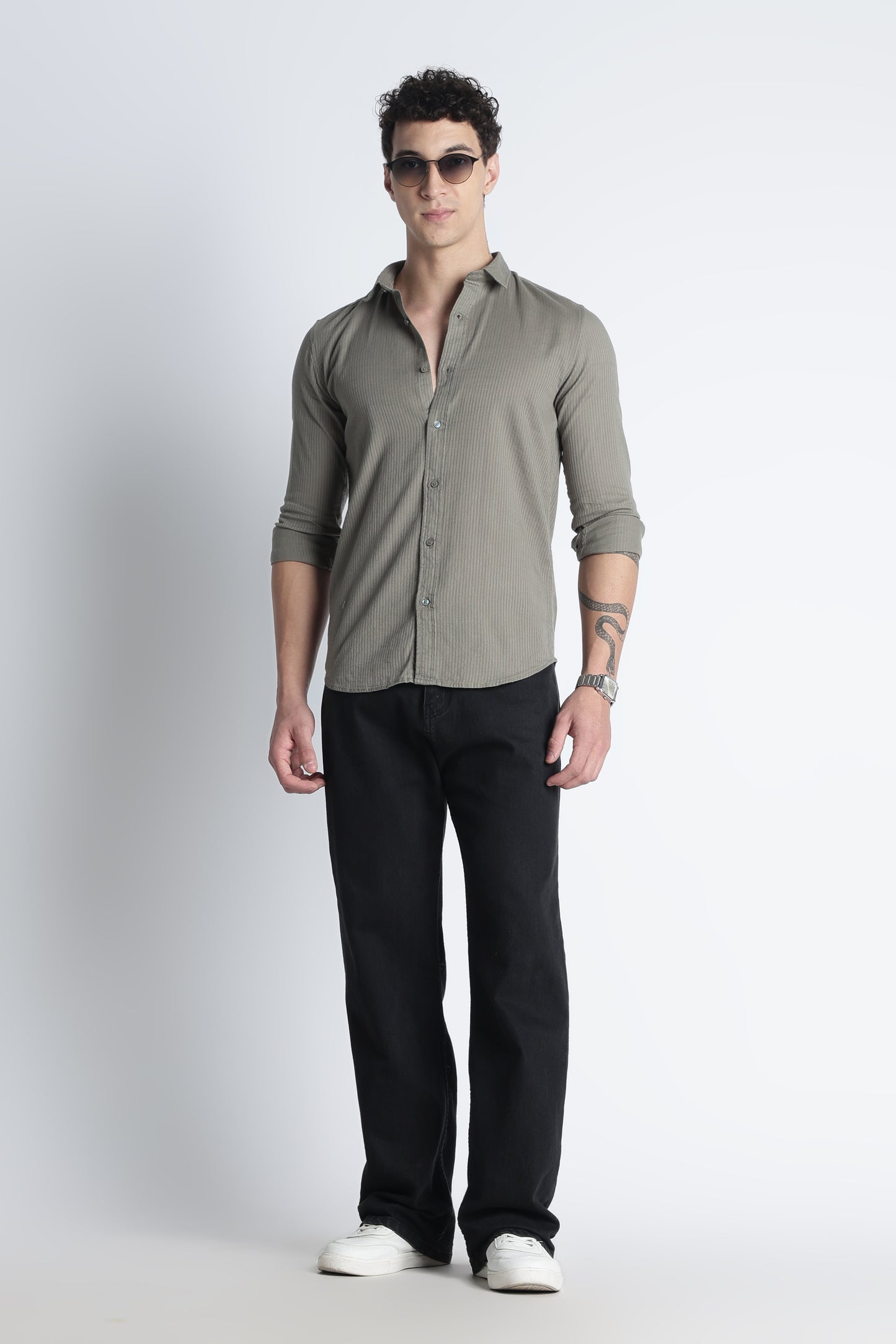 Men Curio Cotton Stripes Shirt-Olive