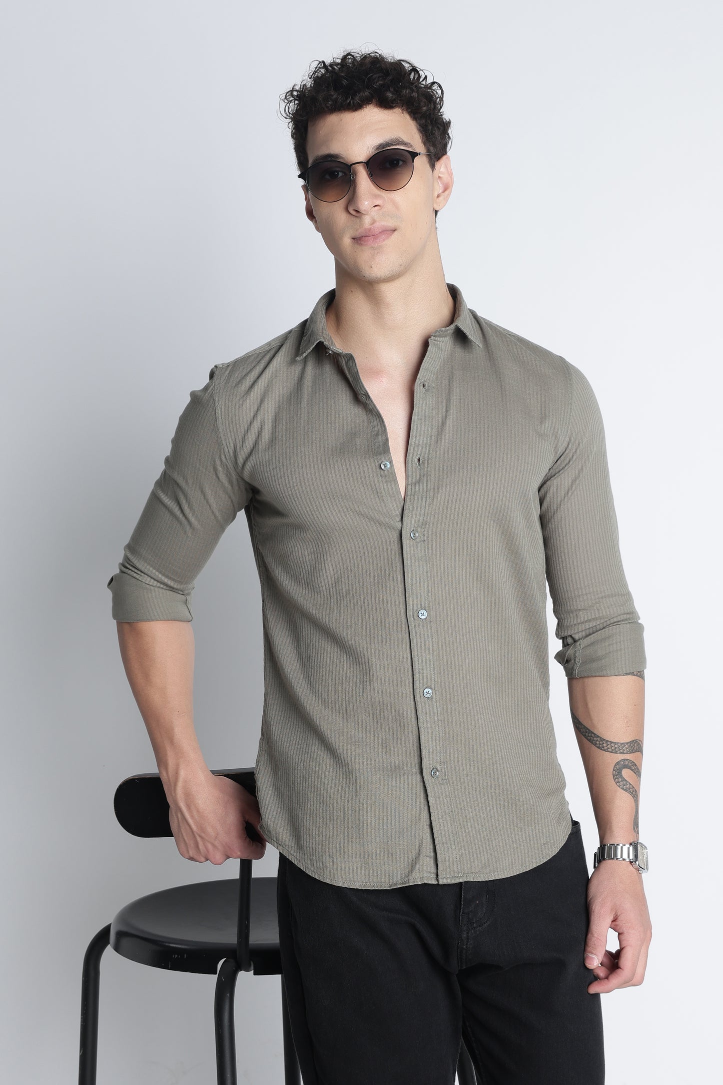 Men Curio Cotton Stripes Shirt-Olive