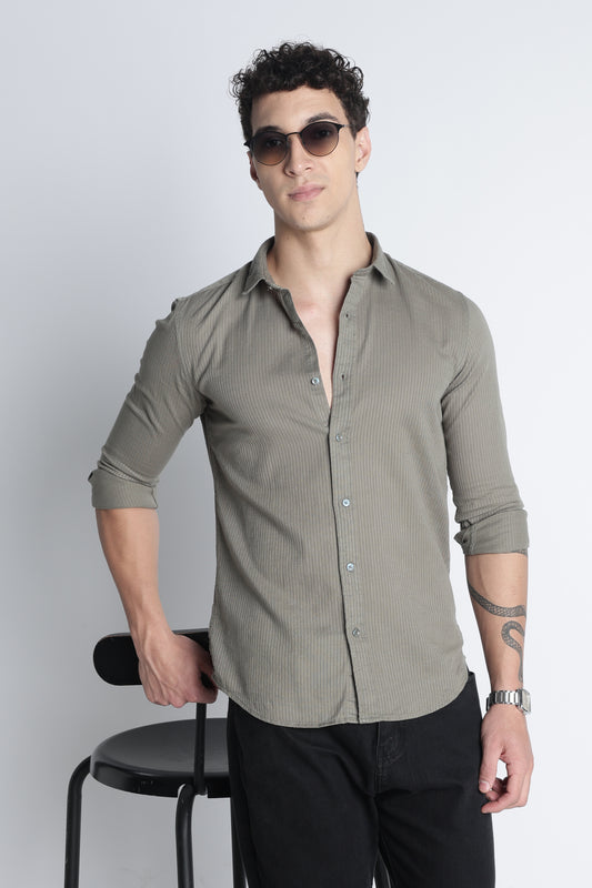 Men Curio Cotton Stripes Shirt-Olive