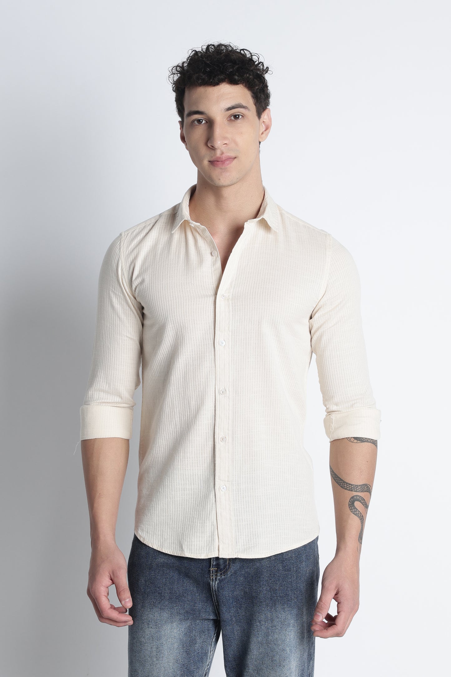 Men Curio Cotton Stripes Shirt-Beige