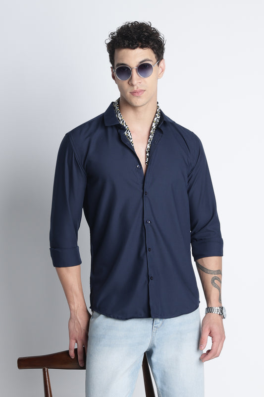 Men Liquid Nylon Plain Shirts-Navy
