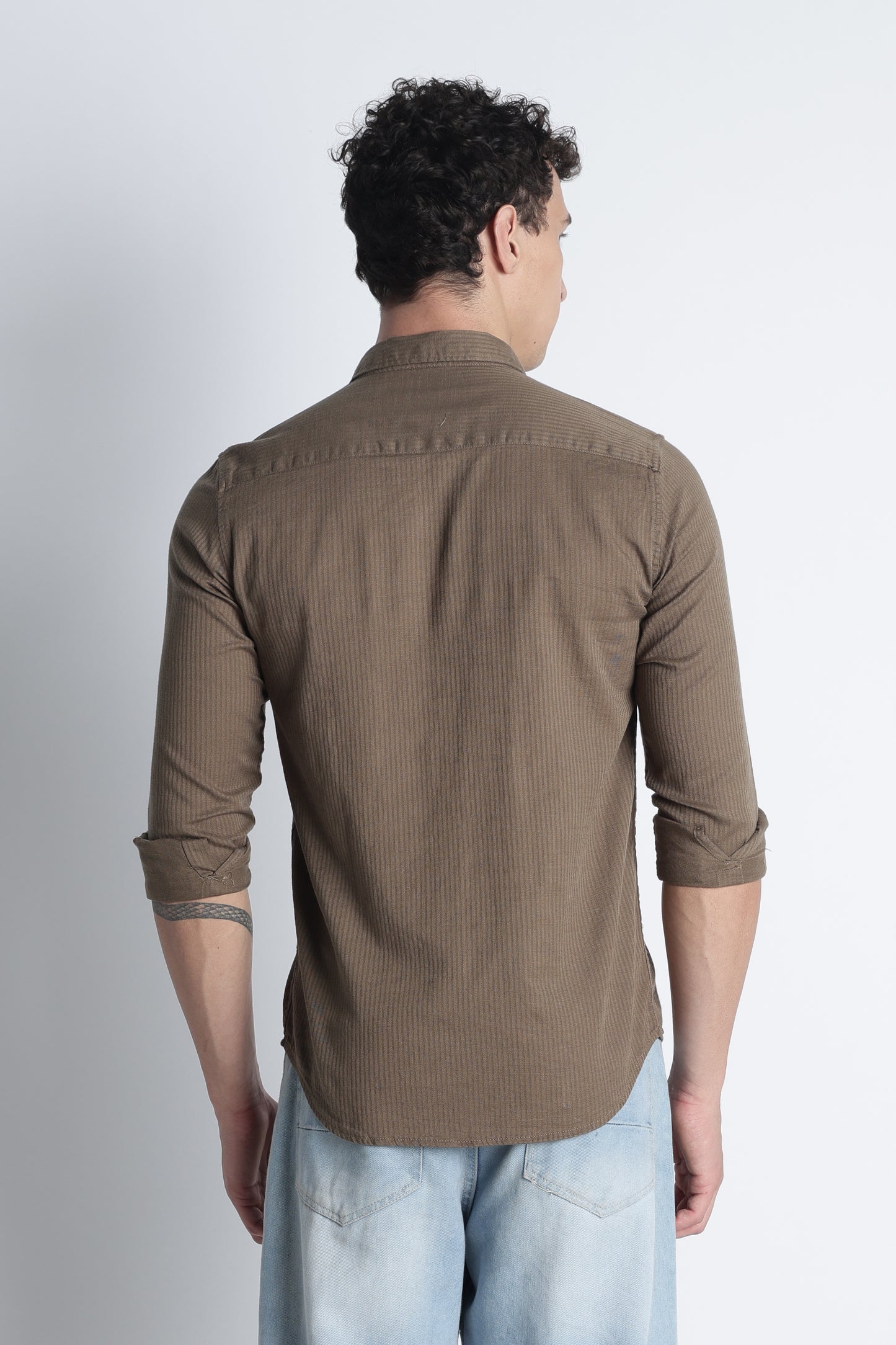 Men Curio Cotton Stripes Shirt-Fawn
