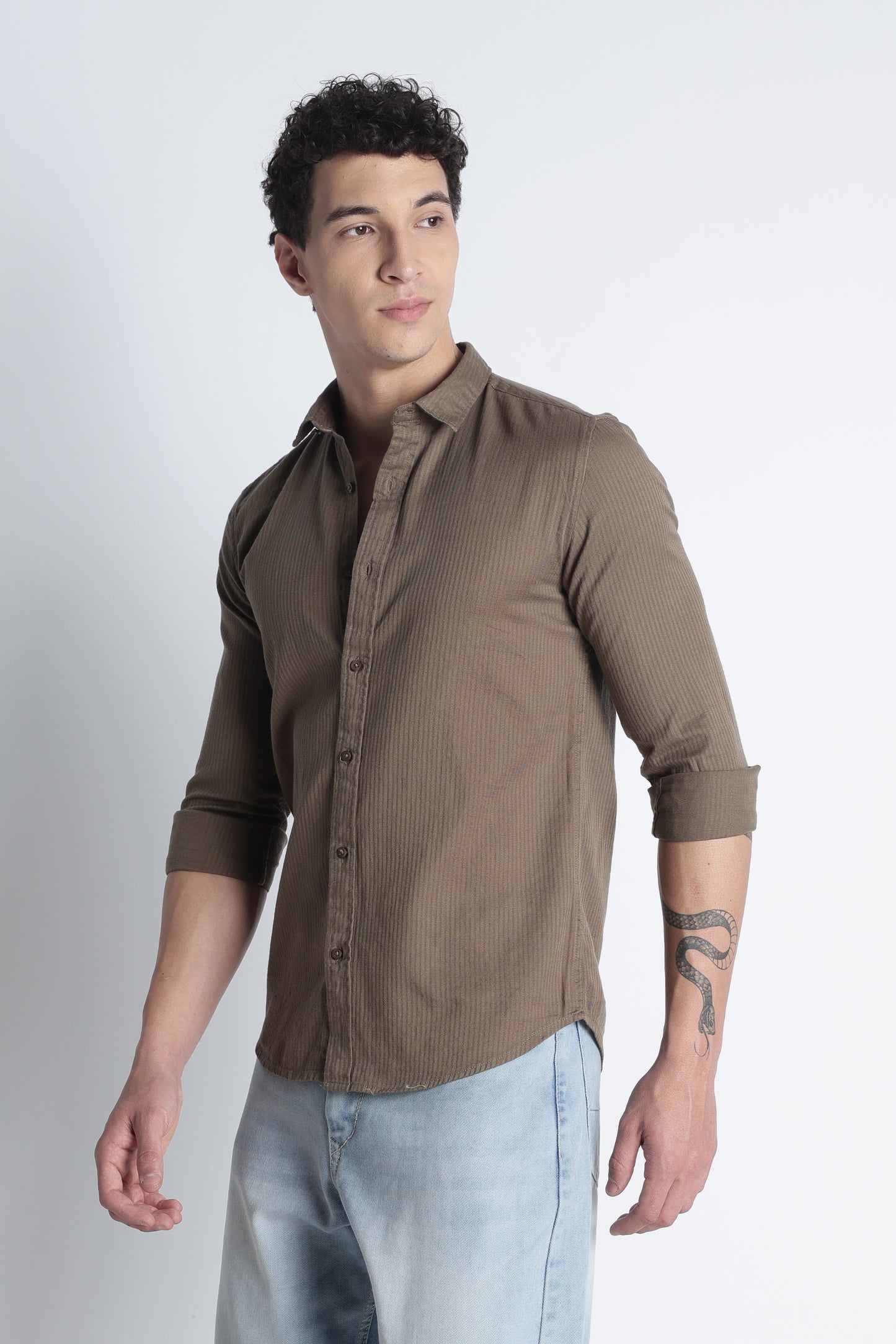 Men Curio Cotton Stripes Shirt-Fawn