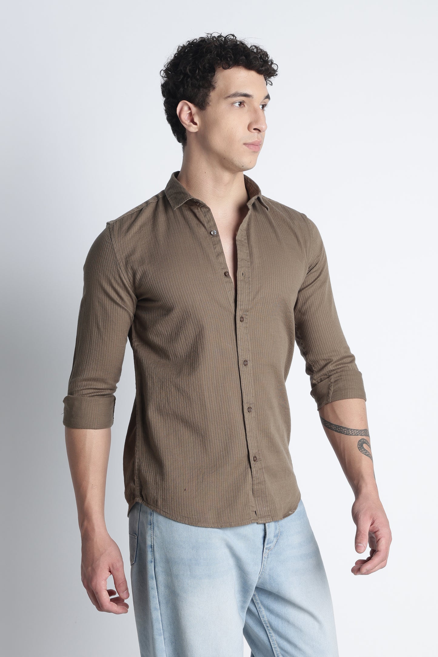 Men Curio Cotton Stripes Shirt-Fawn