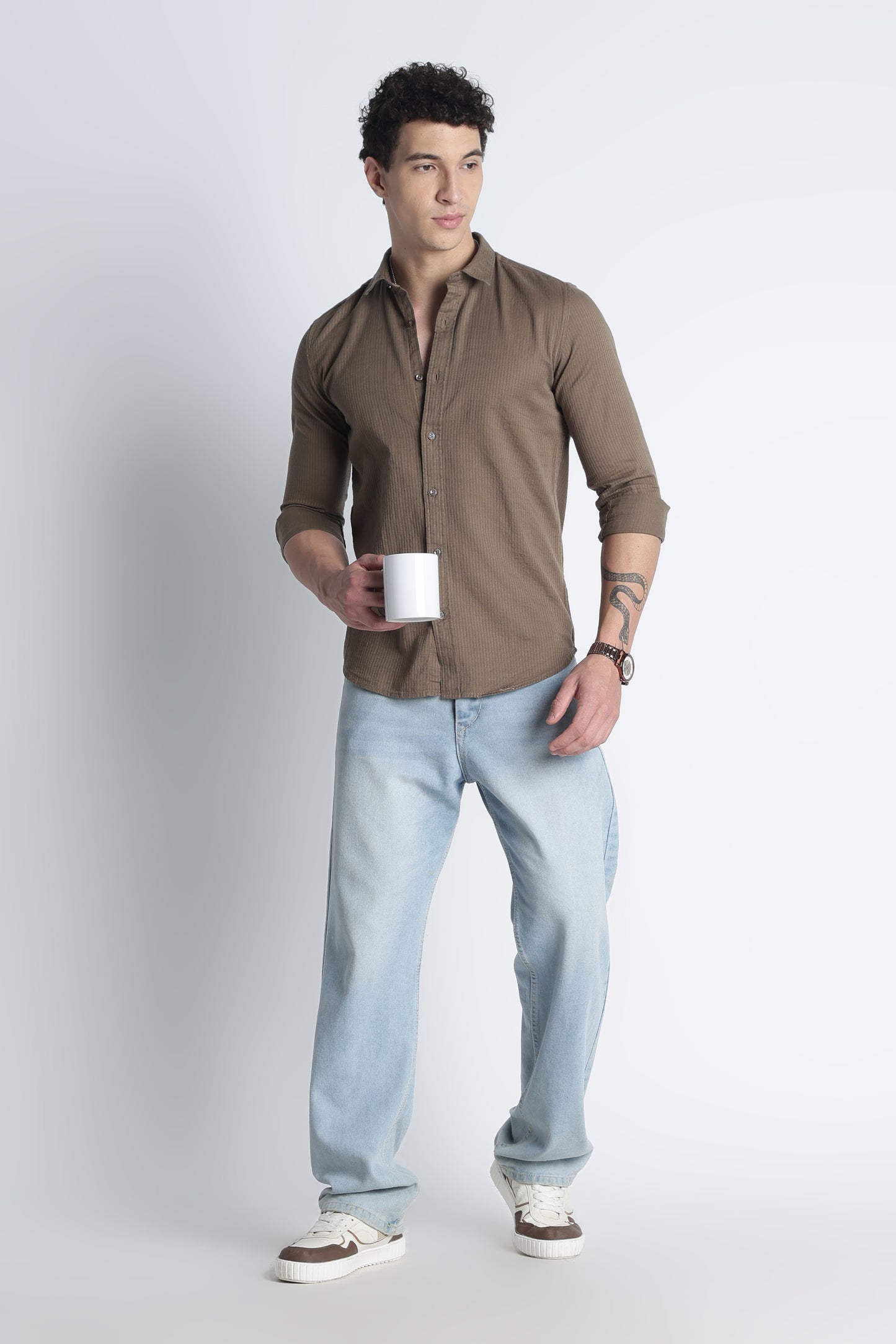 Men Curio Cotton Stripes Shirt-Fawn