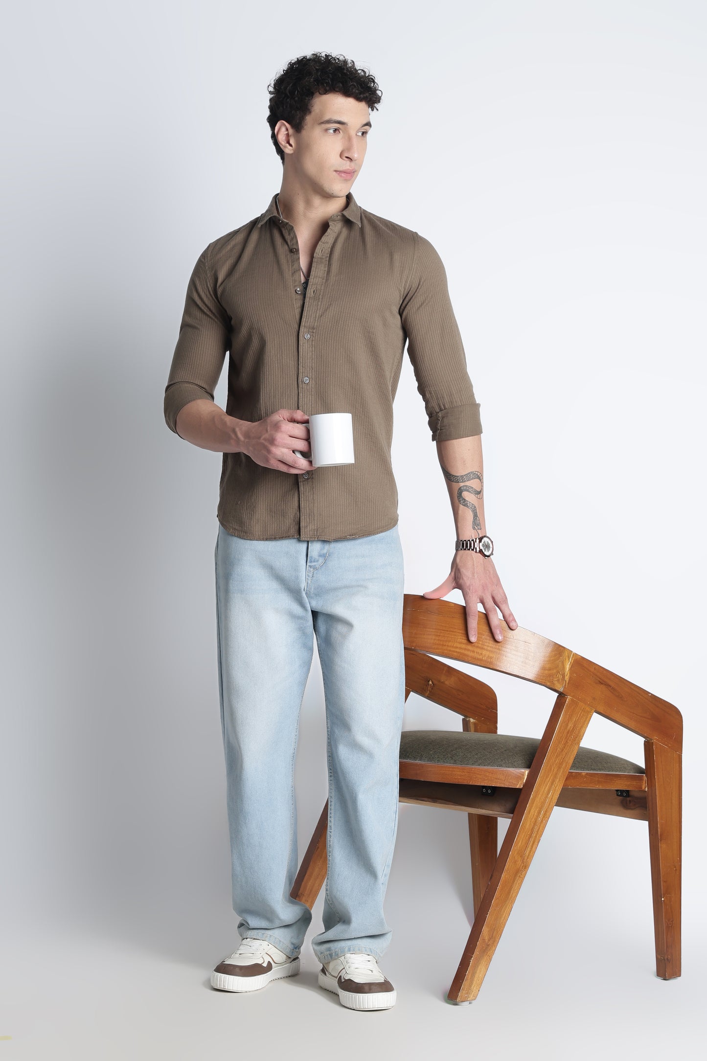 Men Curio Cotton Stripes Shirt-Fawn