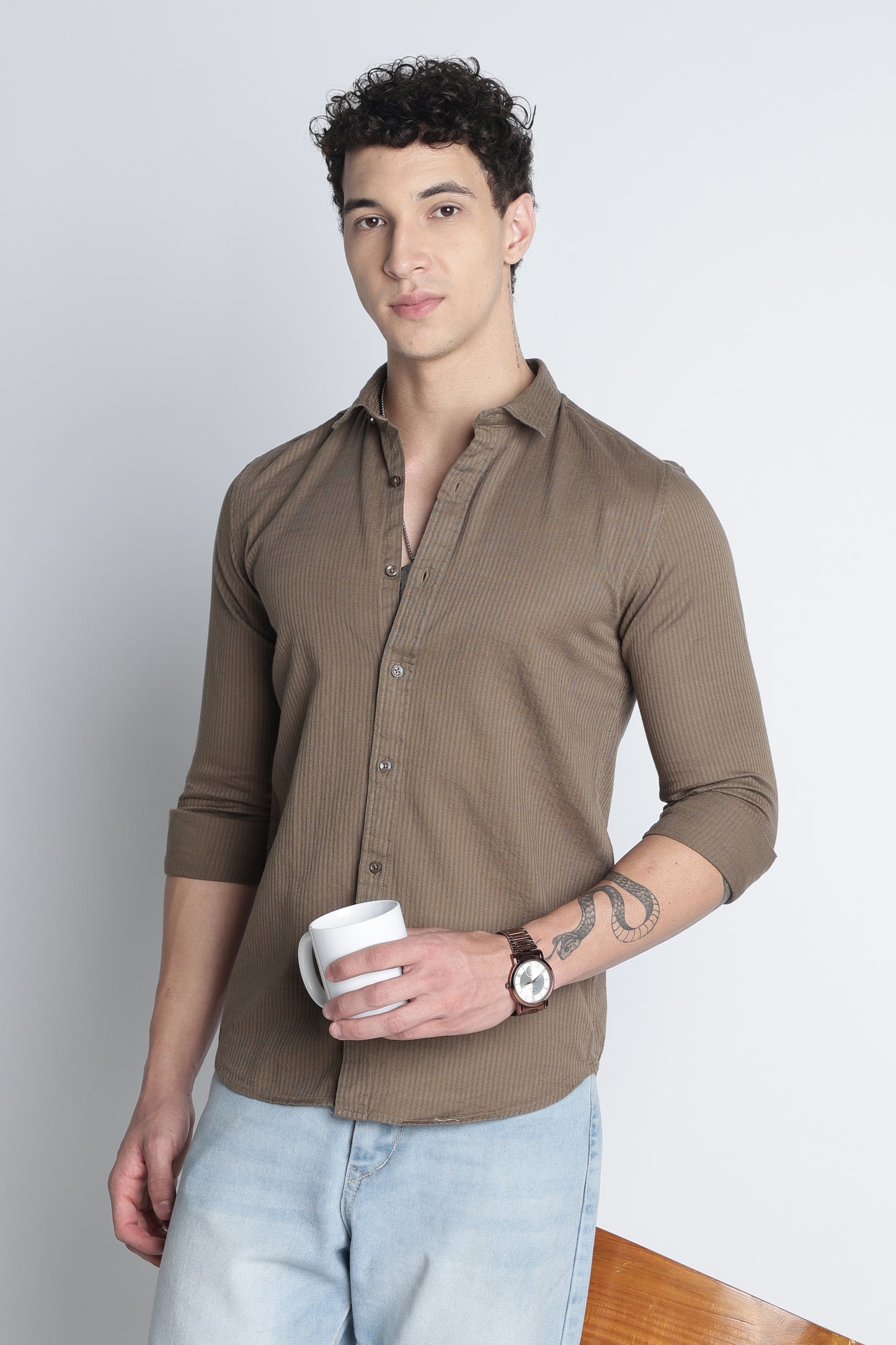 Men Curio Cotton Stripes Shirt-Fawn