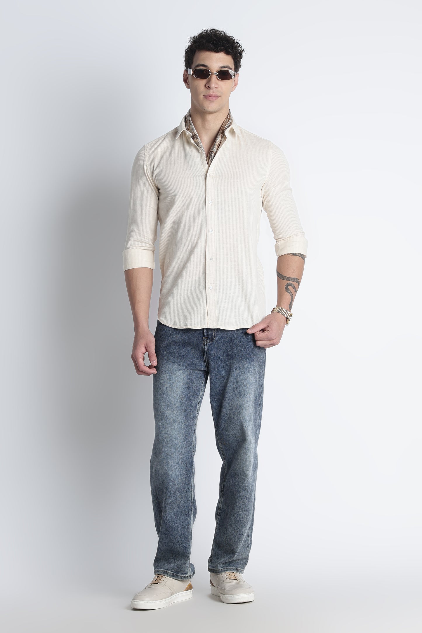 Men Curio Cotton Stripes Shirt-Beige