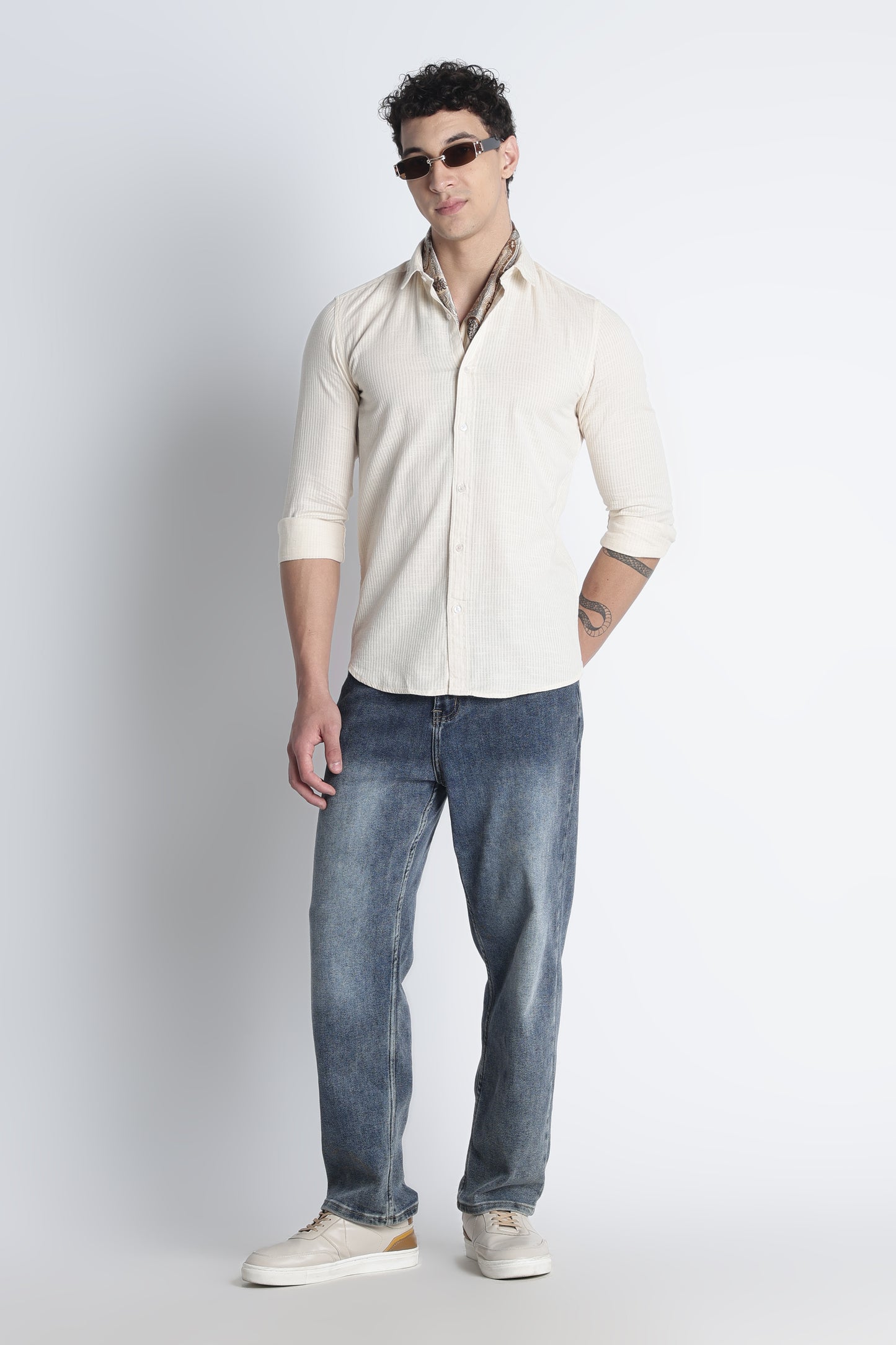 Men Curio Cotton Stripes Shirt-Beige