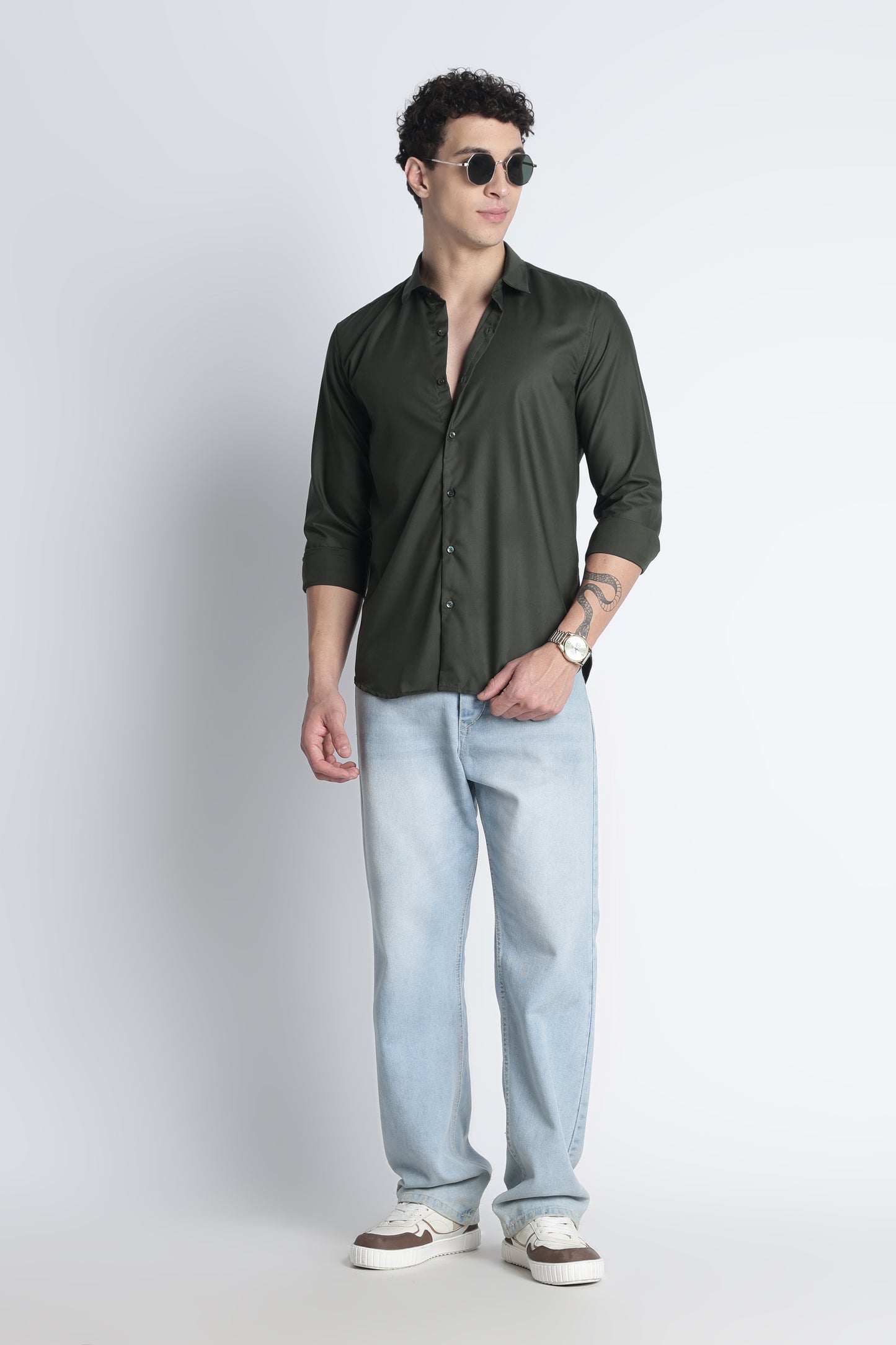 Men Liquid Nylon Plain Shirts-Olive