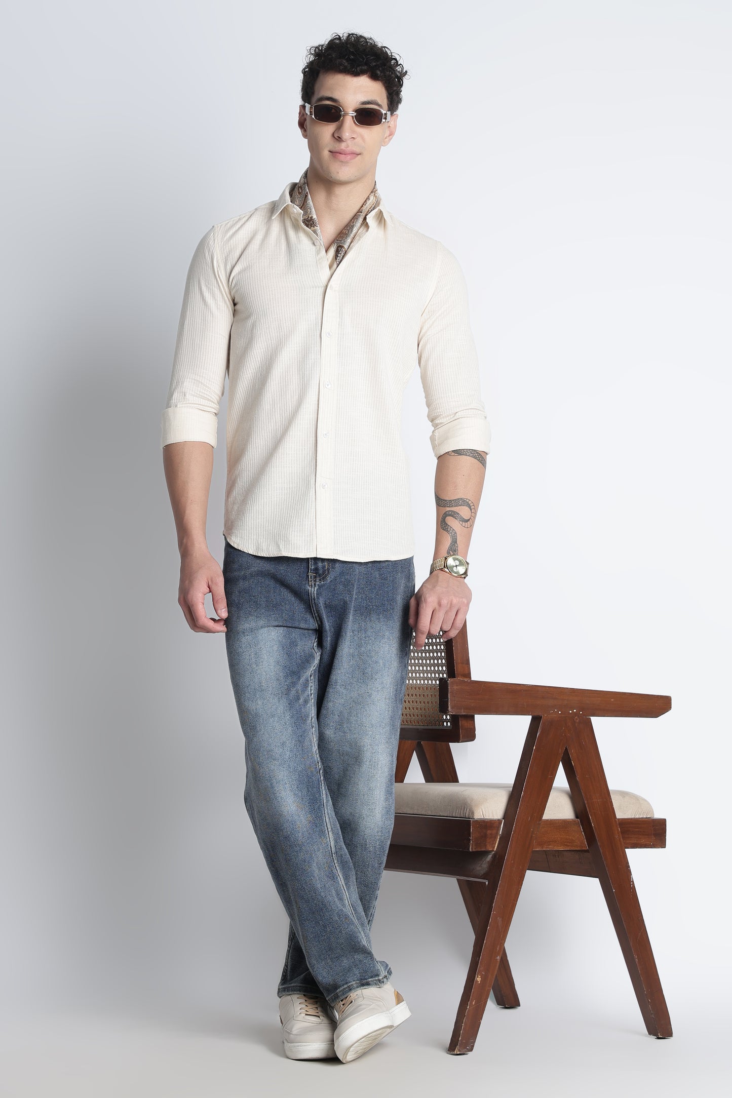 Men Curio Cotton Stripes Shirt-Beige