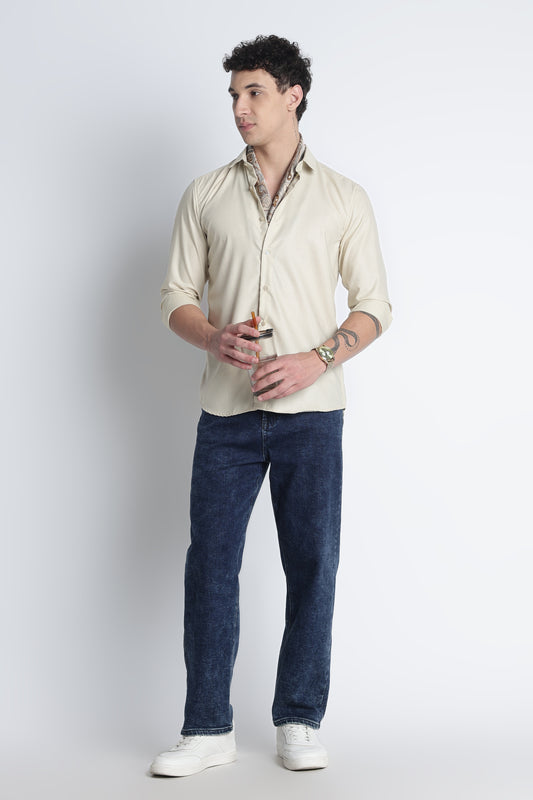 Men Liquid Nylon Plain Shirts-Beige