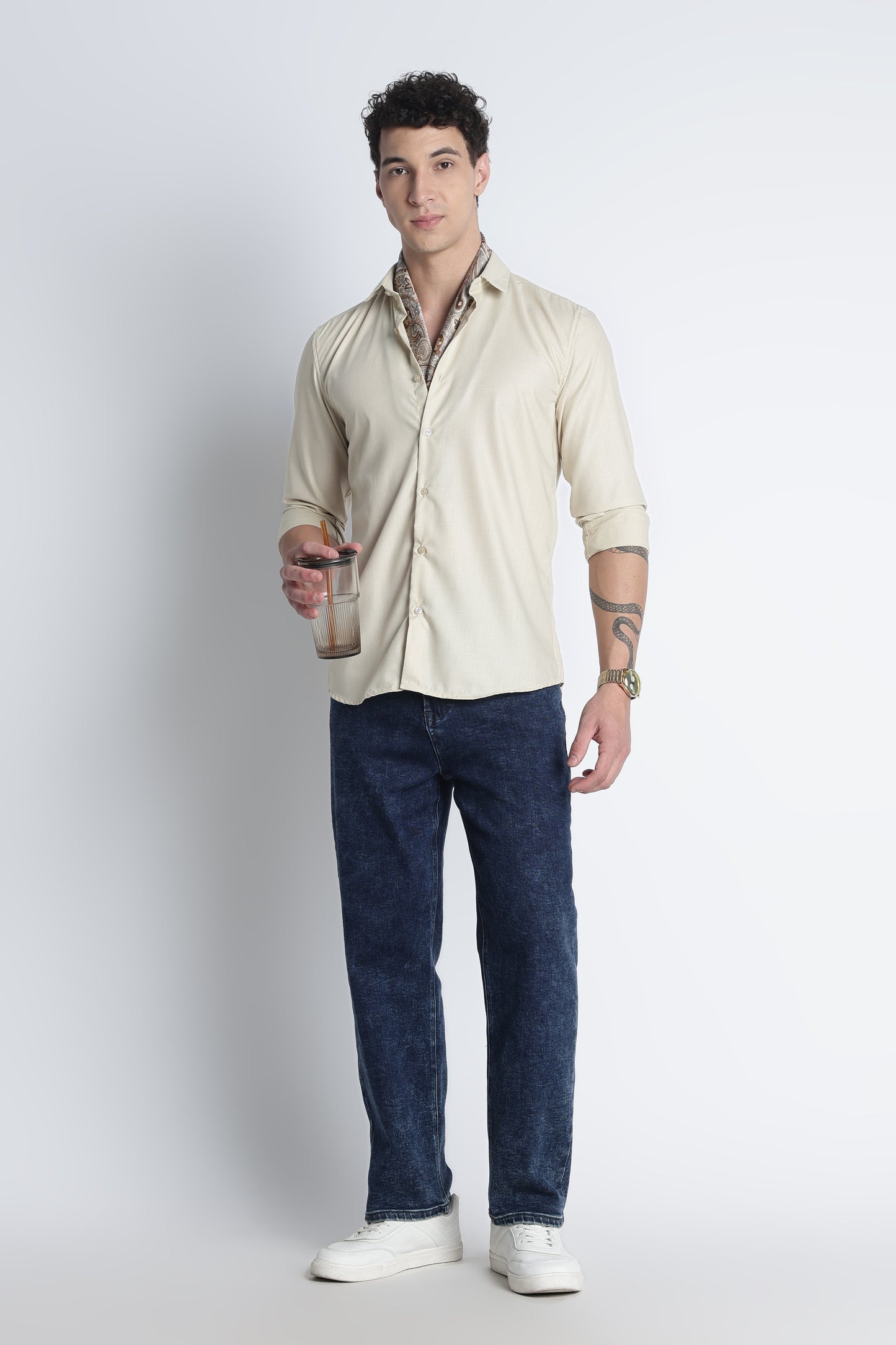 Men Liquid Nylon Plain Shirts-Beige