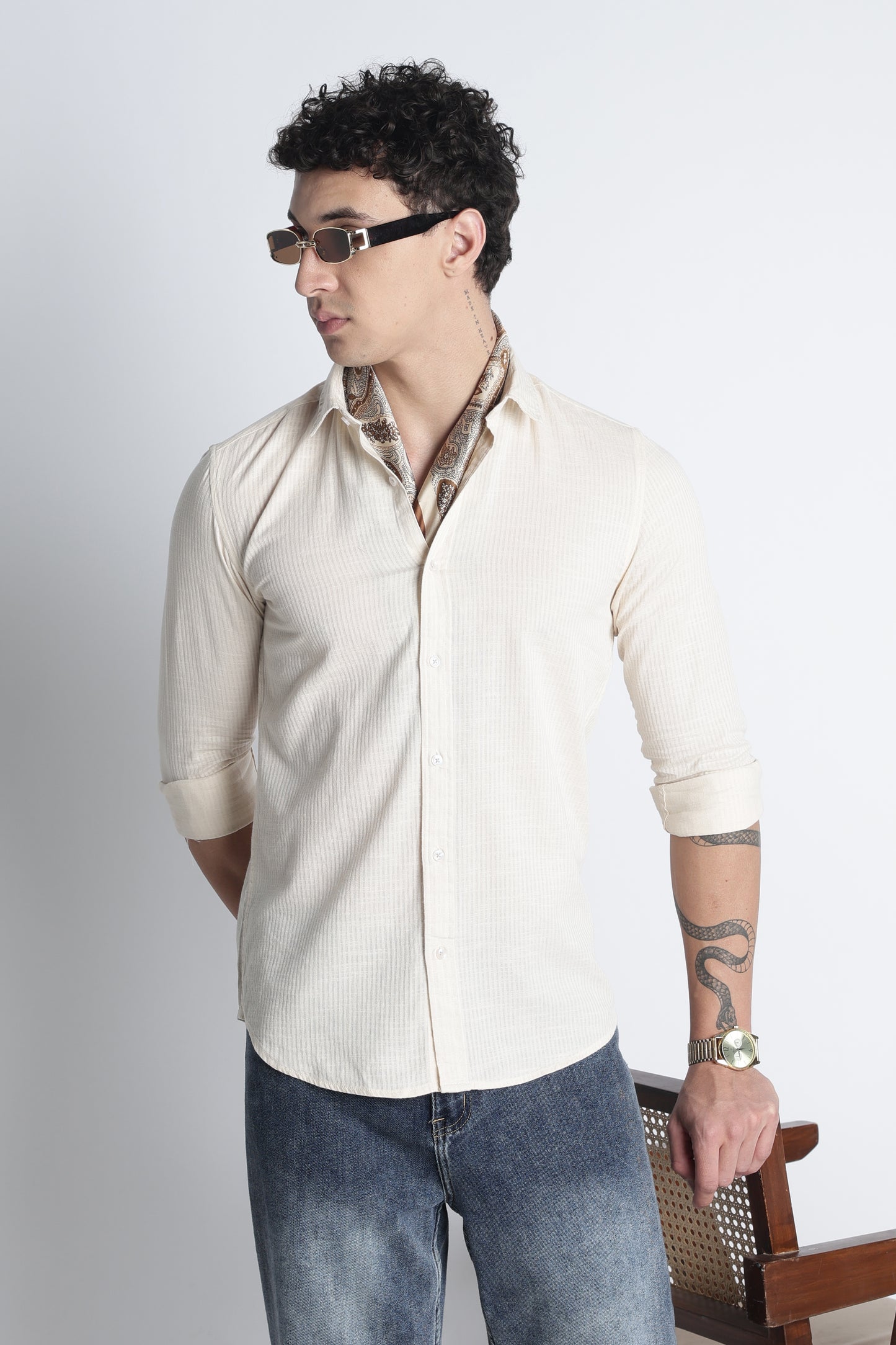 Men Curio Cotton Stripes Shirt-Beige