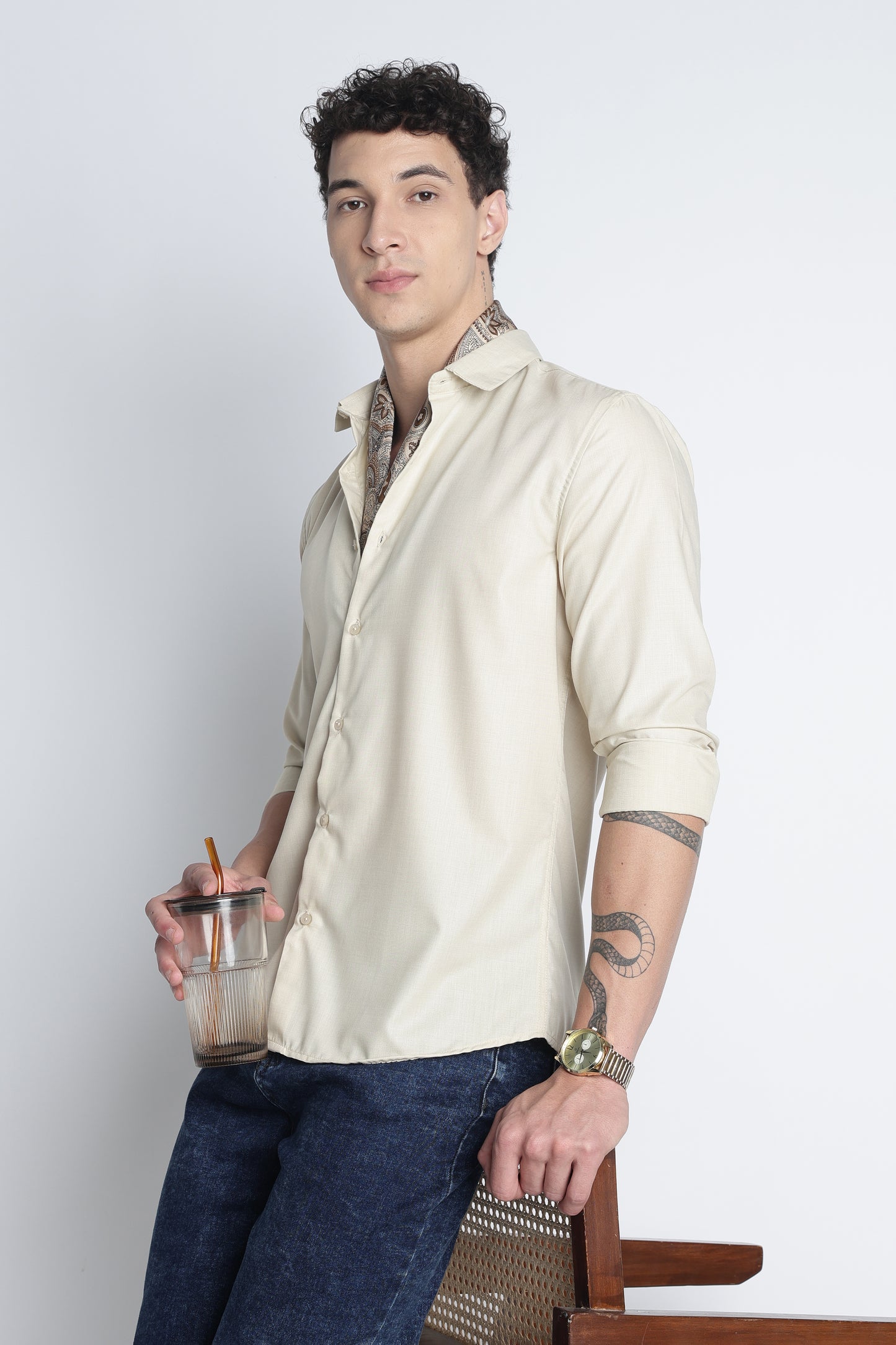 Men Liquid Nylon Plain Shirts-Beige