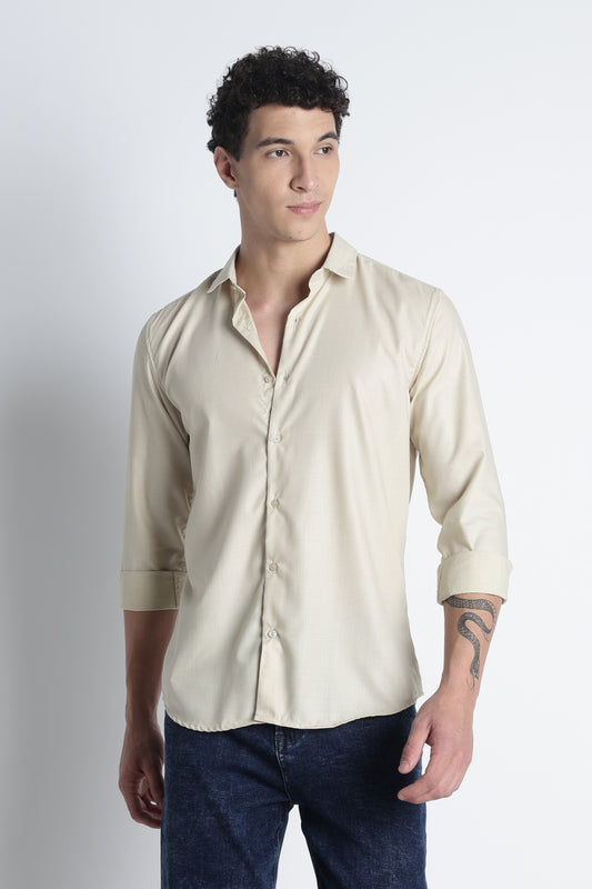 Men Liquid Nylon Plain Shirts-Beige