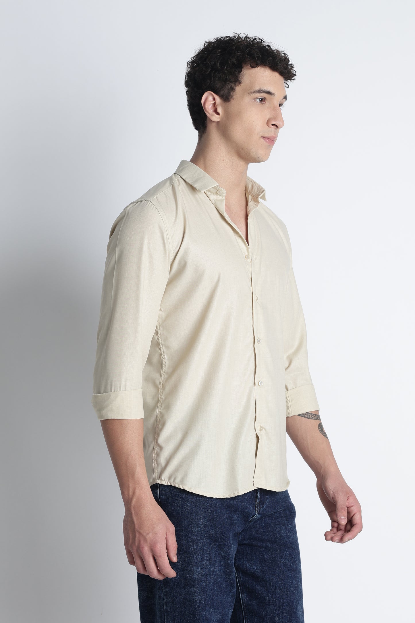 Men Liquid Nylon Plain Shirts-Beige