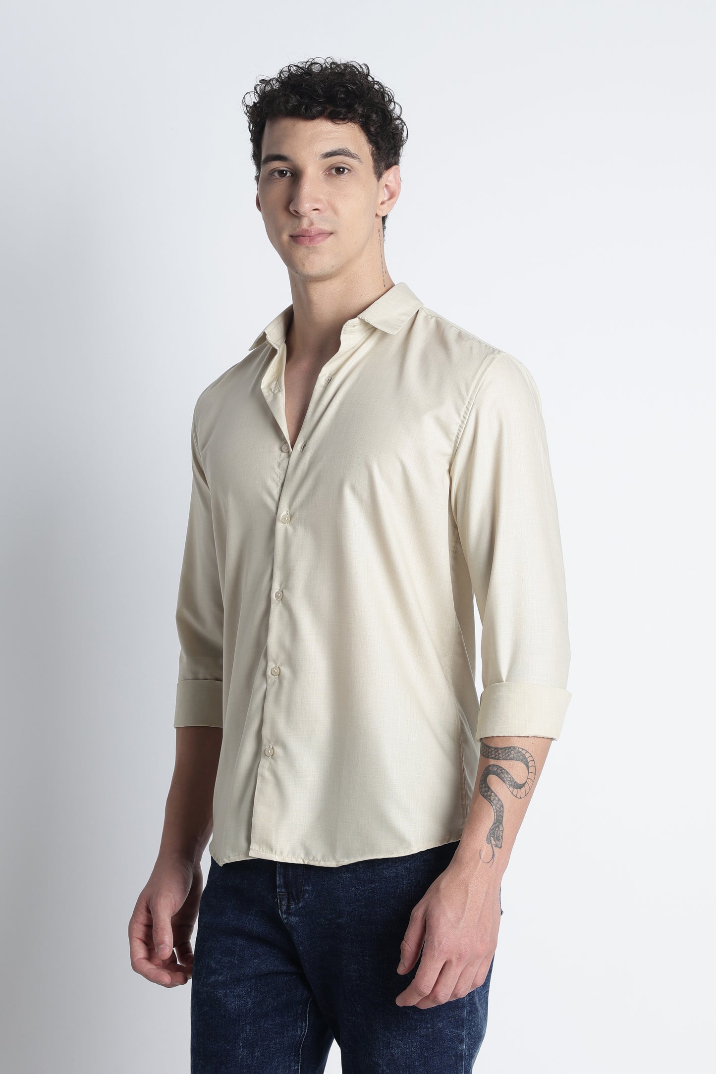 Men Liquid Nylon Plain Shirts-Beige