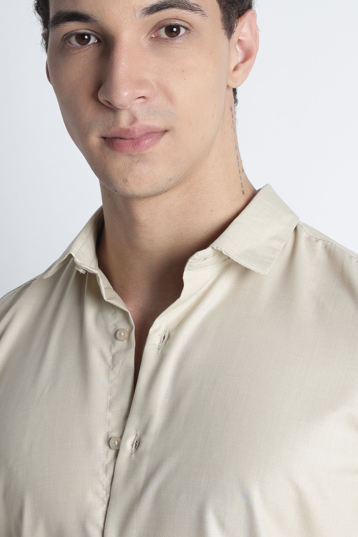 Men Liquid Nylon Plain Shirts-Beige