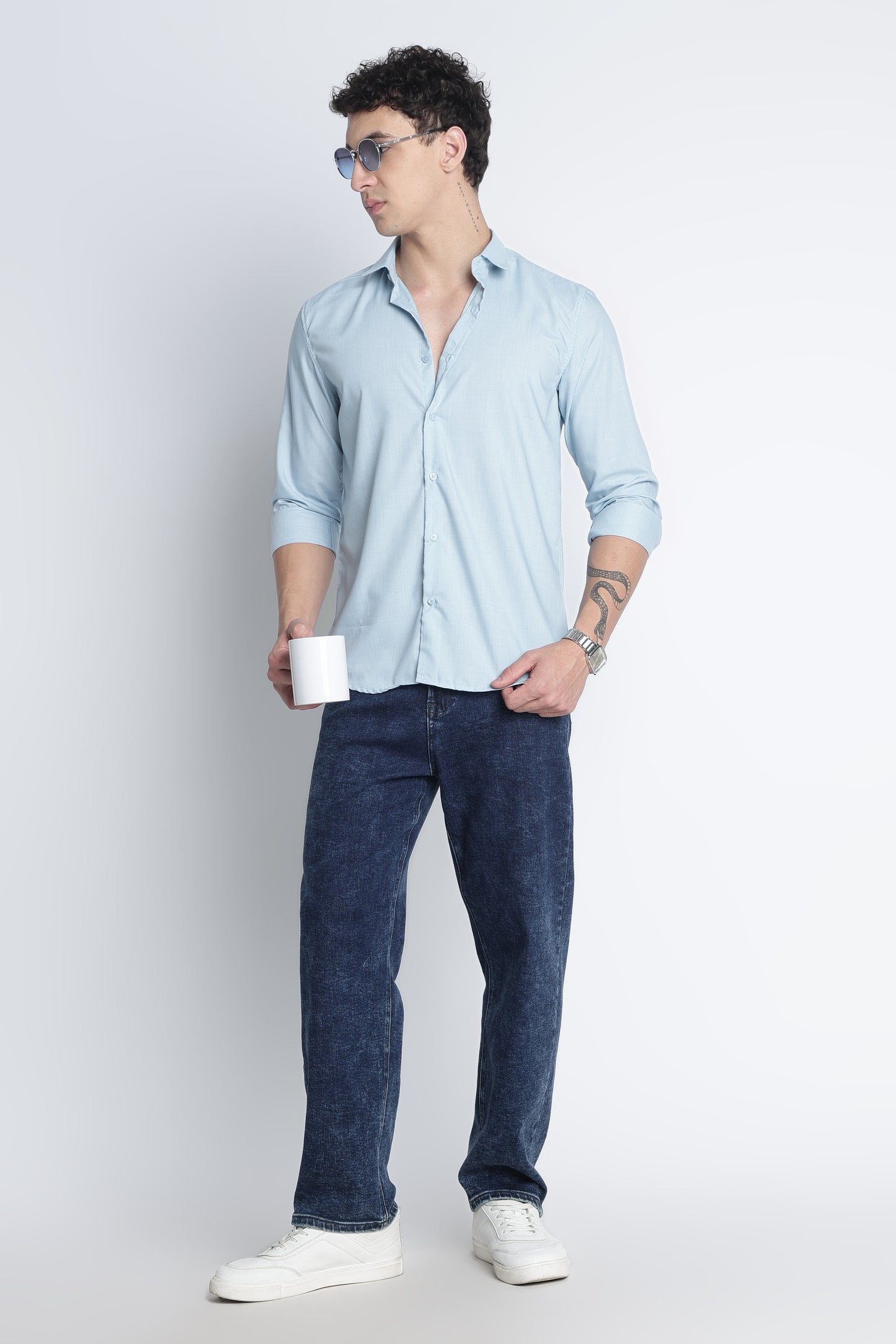 Men Liquid Nylon Plain Shirts-Lt Blue