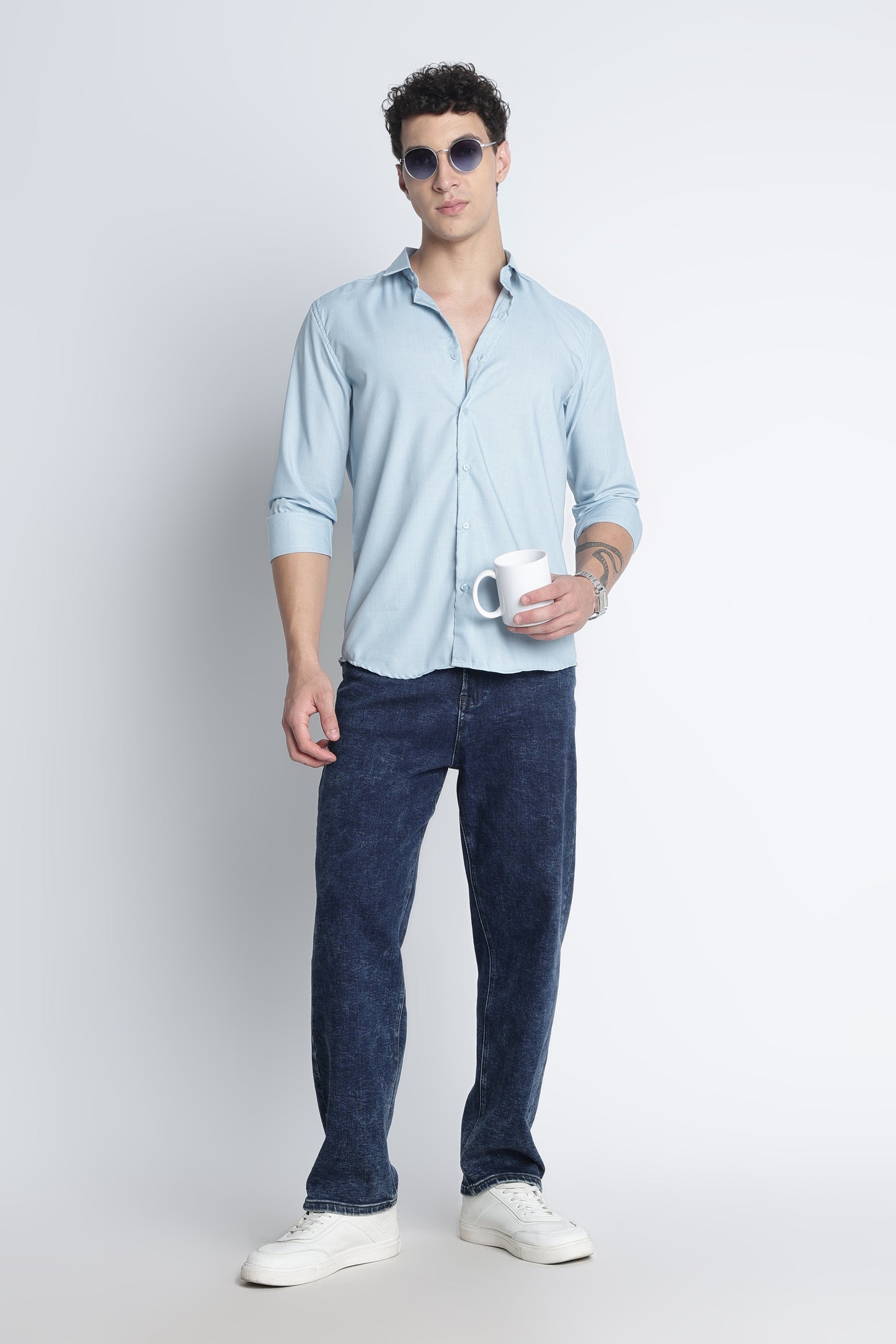 Men Liquid Nylon Plain Shirts-Lt Blue