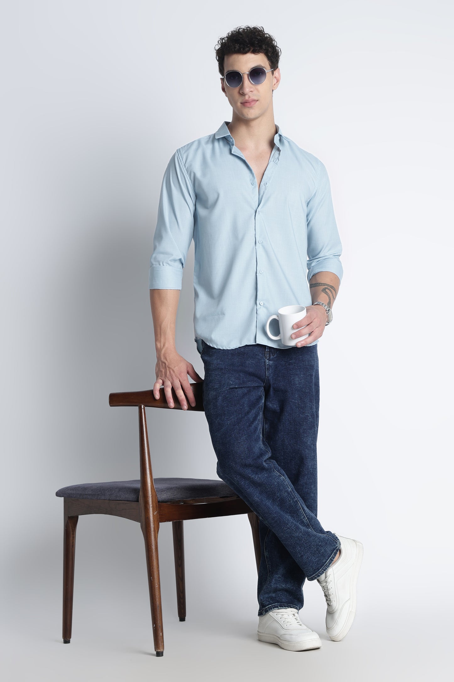 Men Liquid Nylon Plain Shirts-Lt Blue