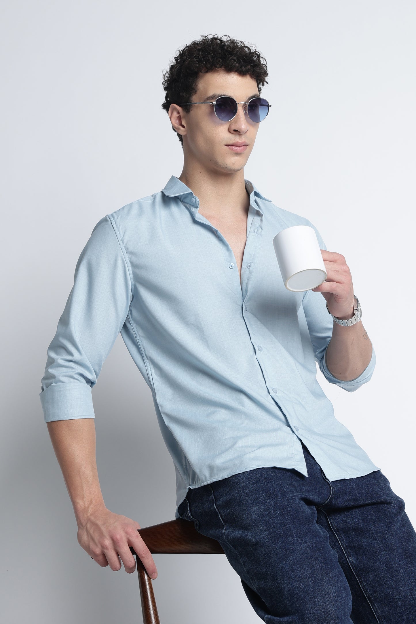 Men Liquid Nylon Plain Shirts-Lt Blue