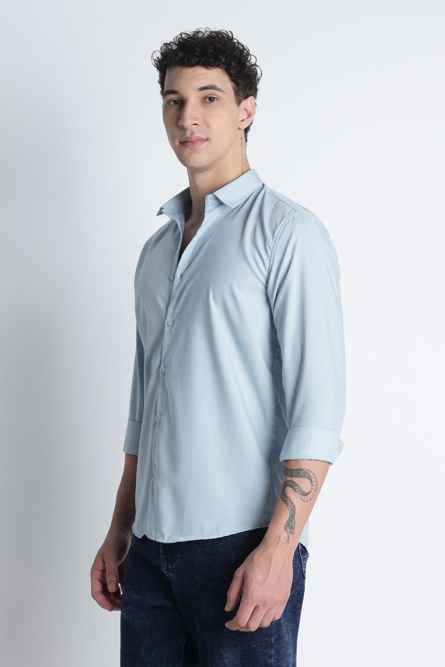 Men Liquid Nylon Plain Shirts-Lt Blue