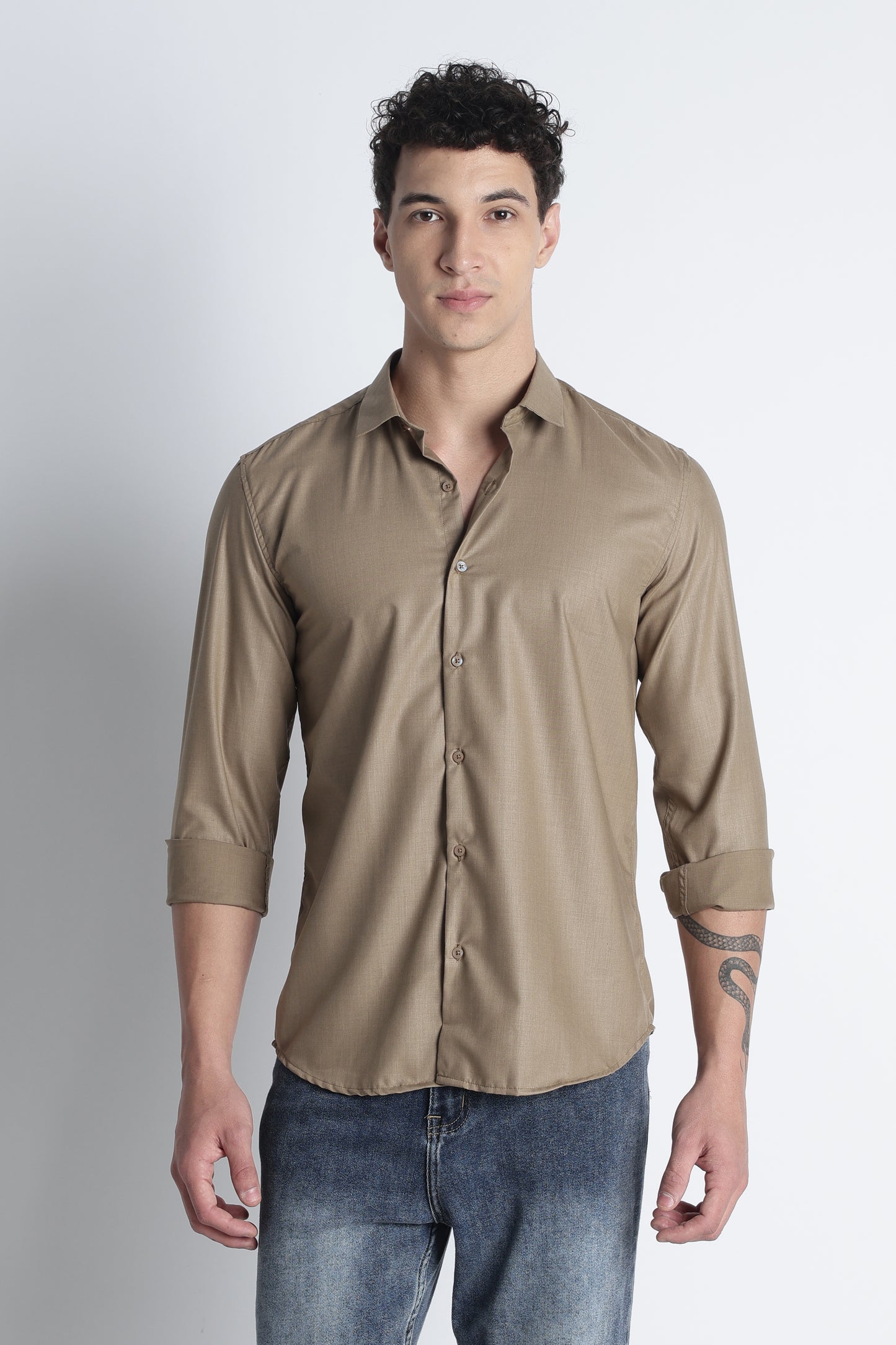 Men Liquid Nylon Plain Shirts-Khakhi