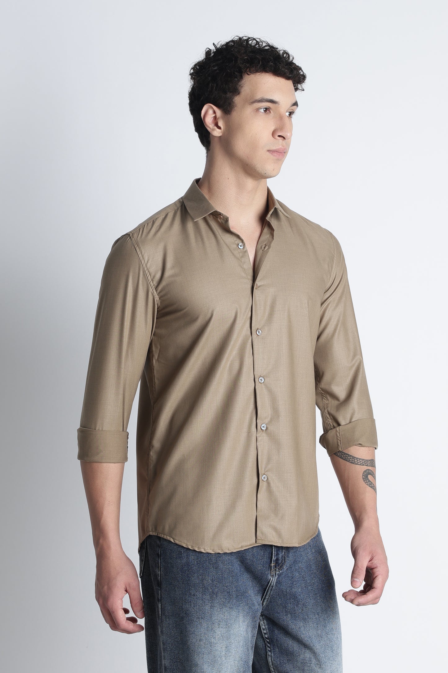 Men Liquid Nylon Plain Shirts-Khakhi