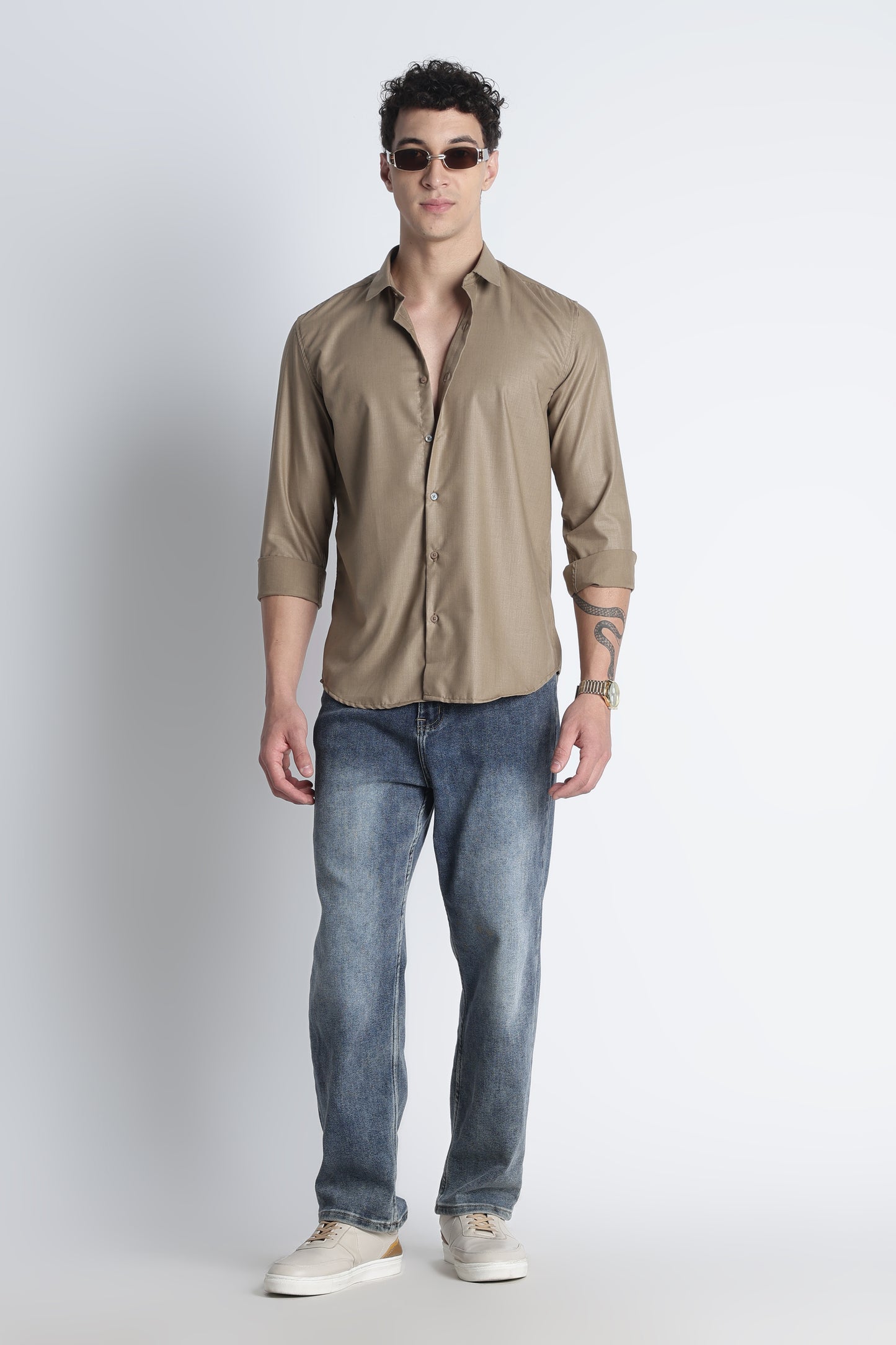 Men Liquid Nylon Plain Shirts-Khakhi