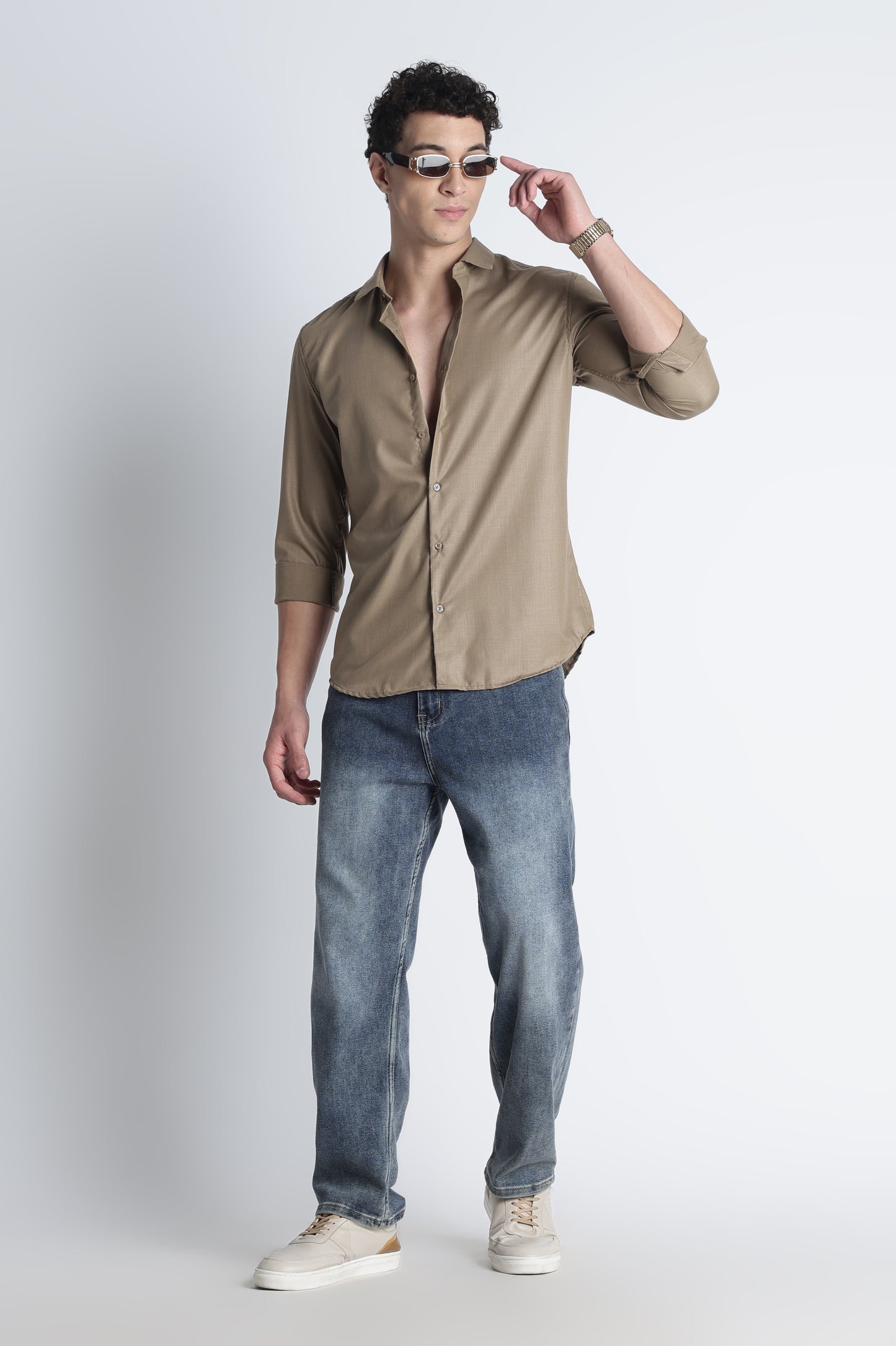 Men Liquid Nylon Plain Shirts-Khakhi