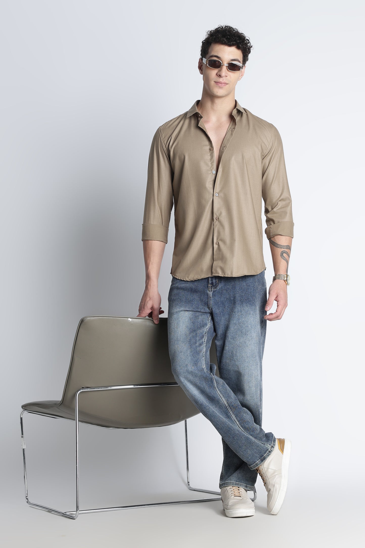 Men Liquid Nylon Plain Shirts-Khakhi
