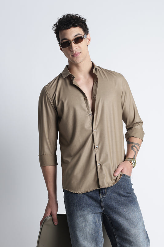 Men Liquid Nylon Plain Shirts-Khakhi