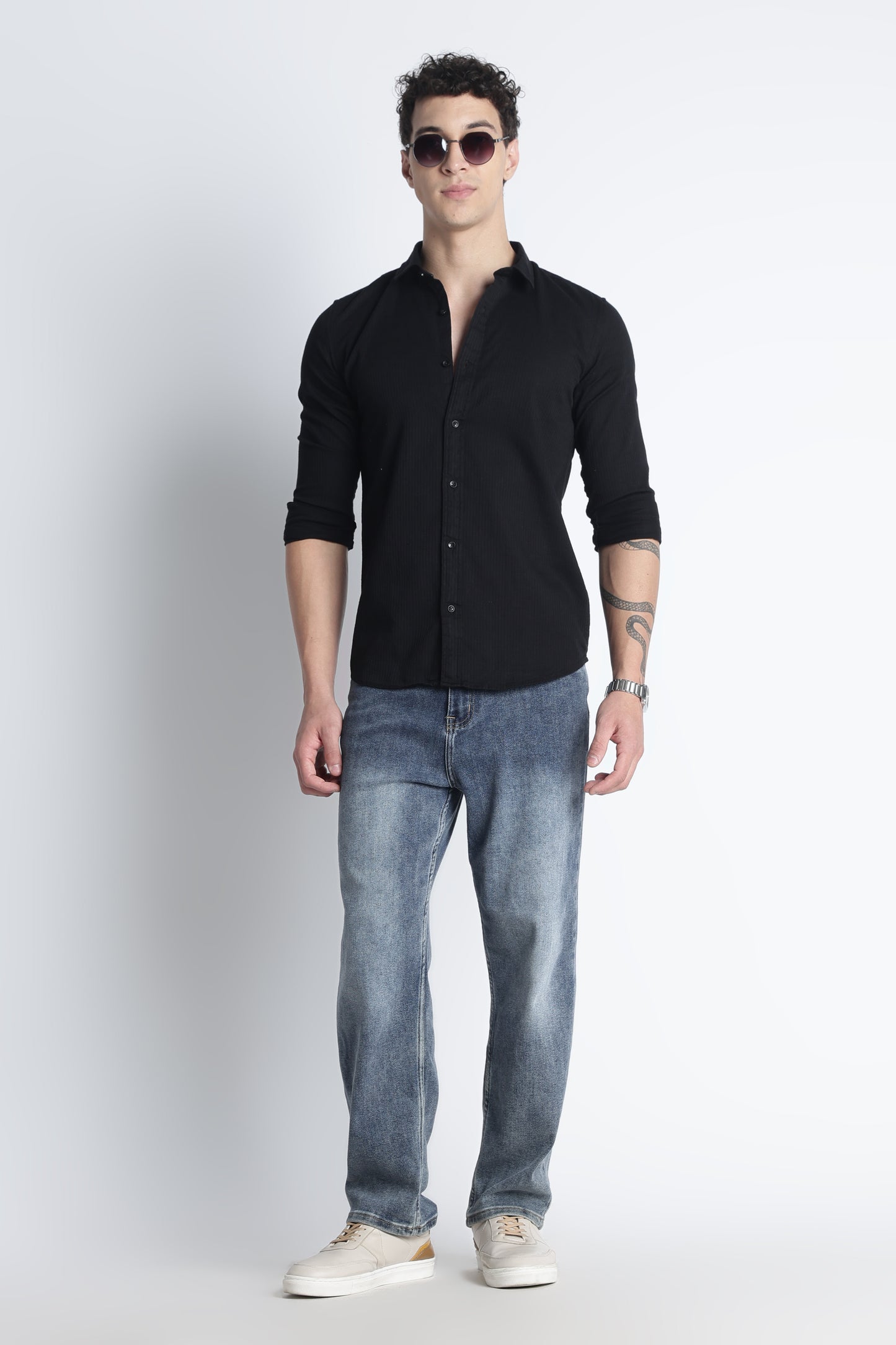 Men Curio Cotton Stripes Shirt-Black