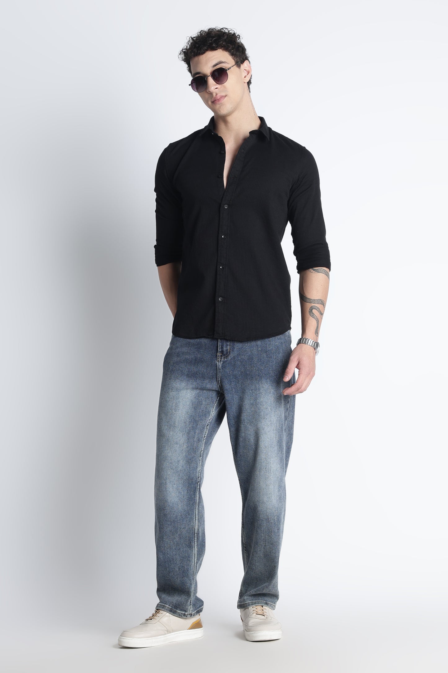 Men Curio Cotton Stripes Shirt-Black