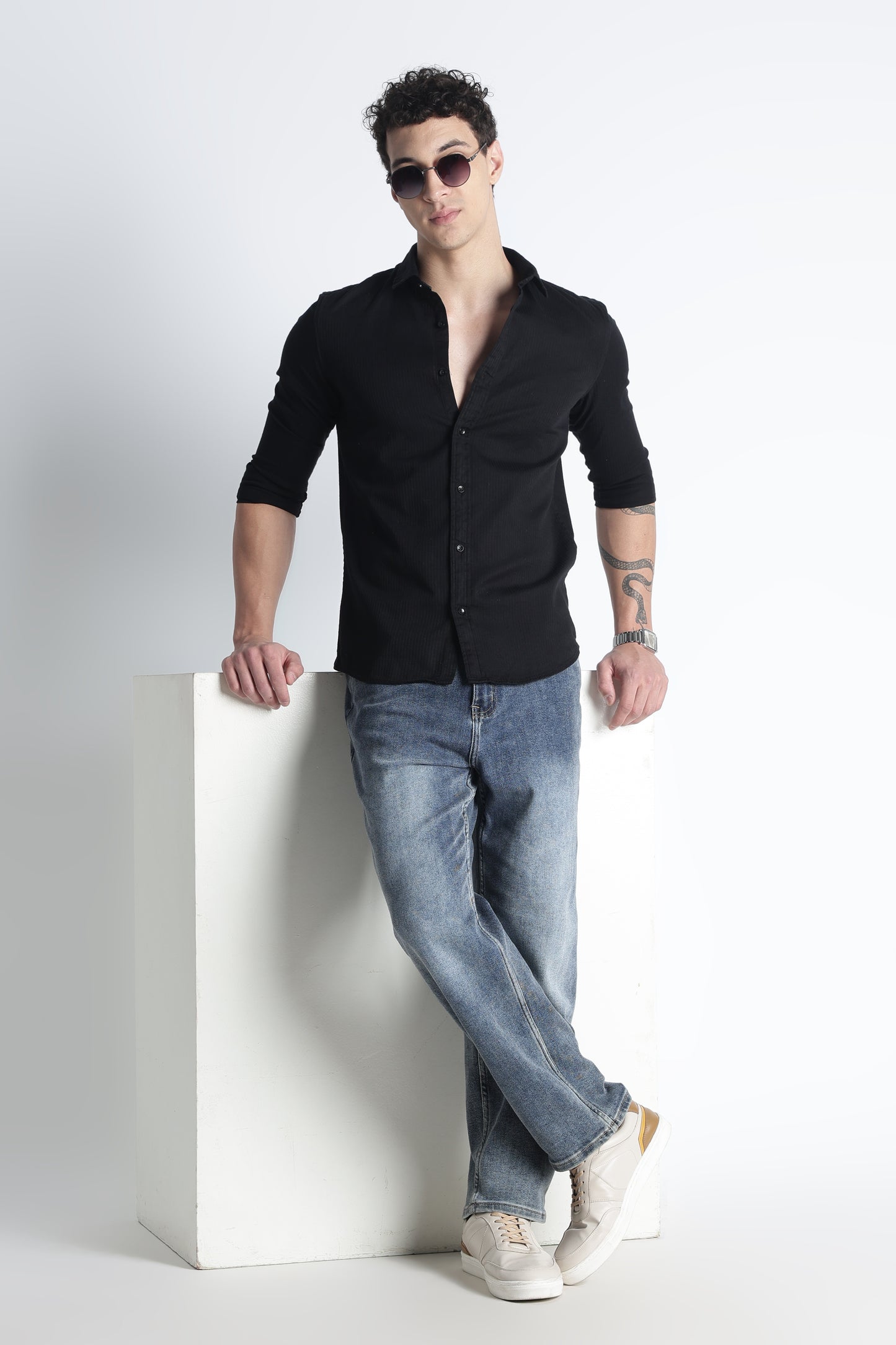 Men Curio Cotton Stripes Shirt-Black