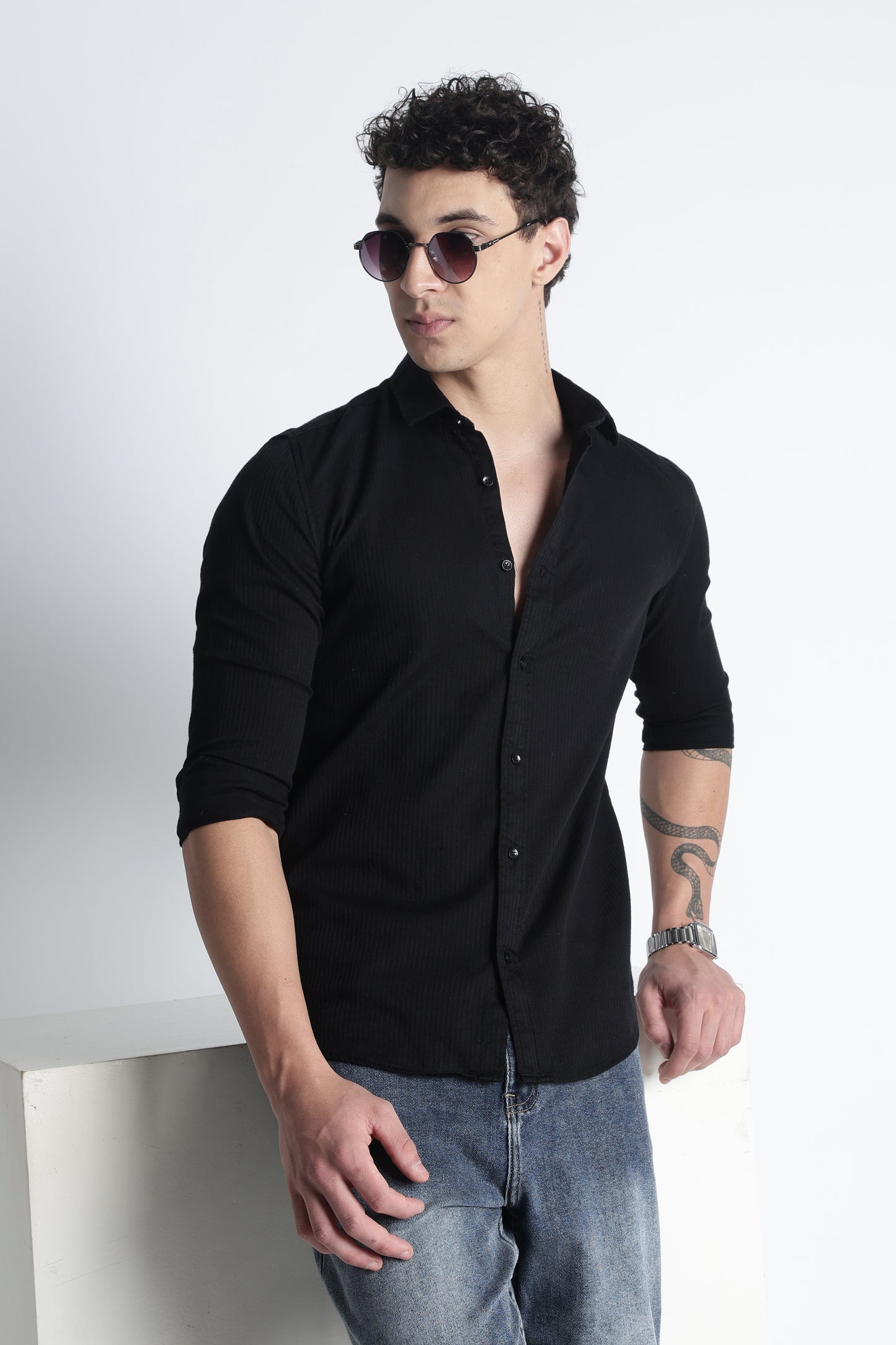 Men Curio Cotton Stripes Shirt-Black