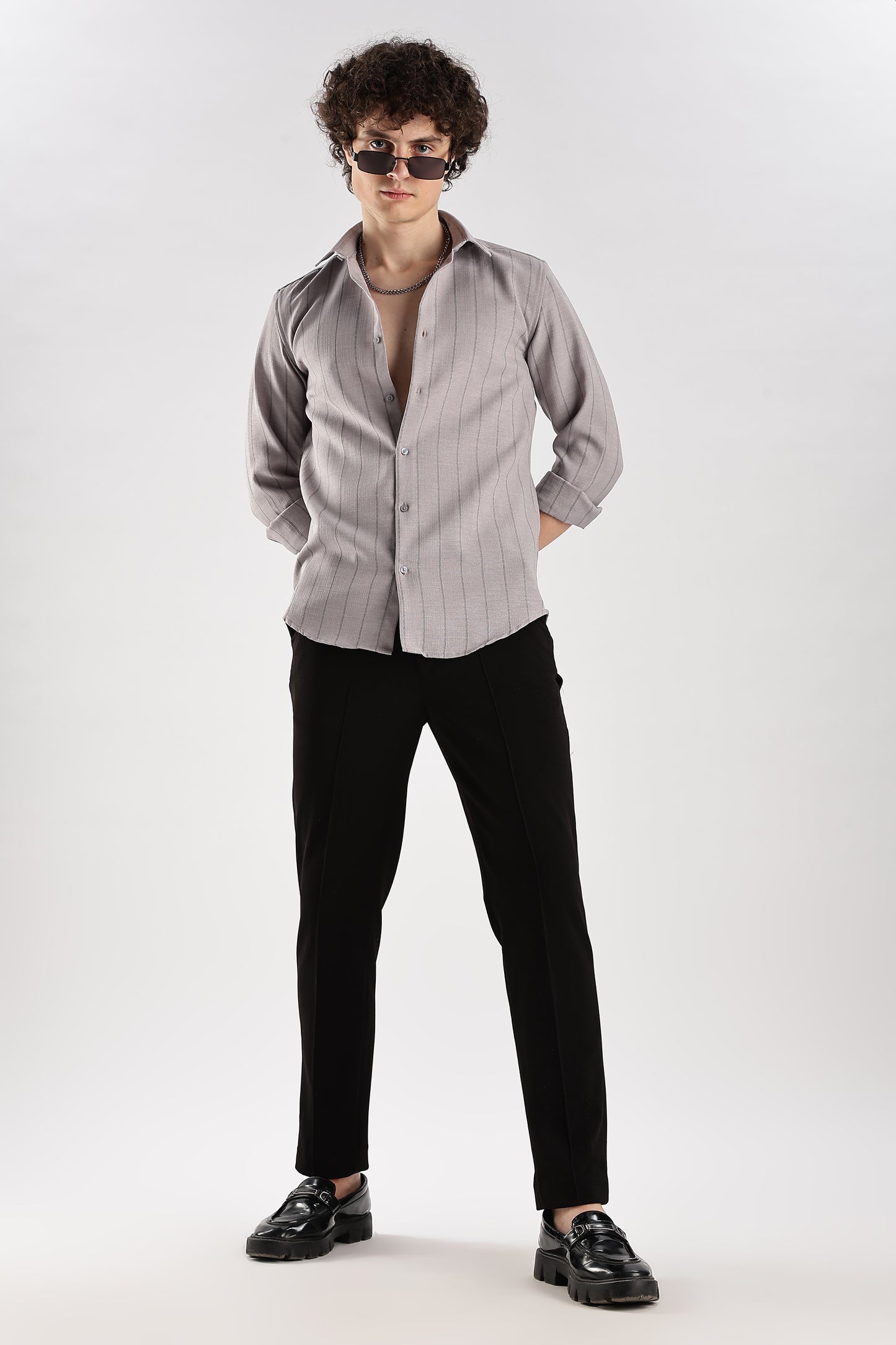 Men Air Like Linen Stripes Shirt-Lt Grey