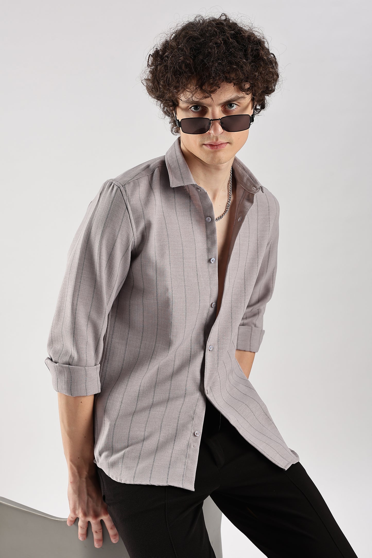 Men Air Like Linen Stripes Shirt-Lt Grey