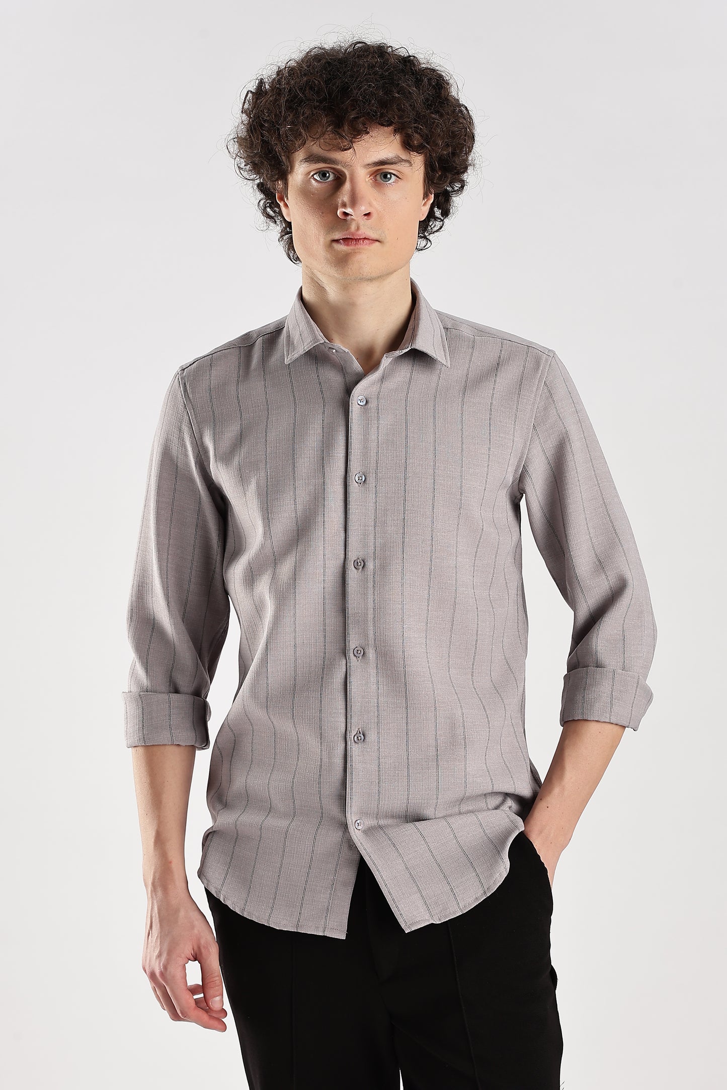 Men Air Like Linen Stripes Shirt-Lt Grey