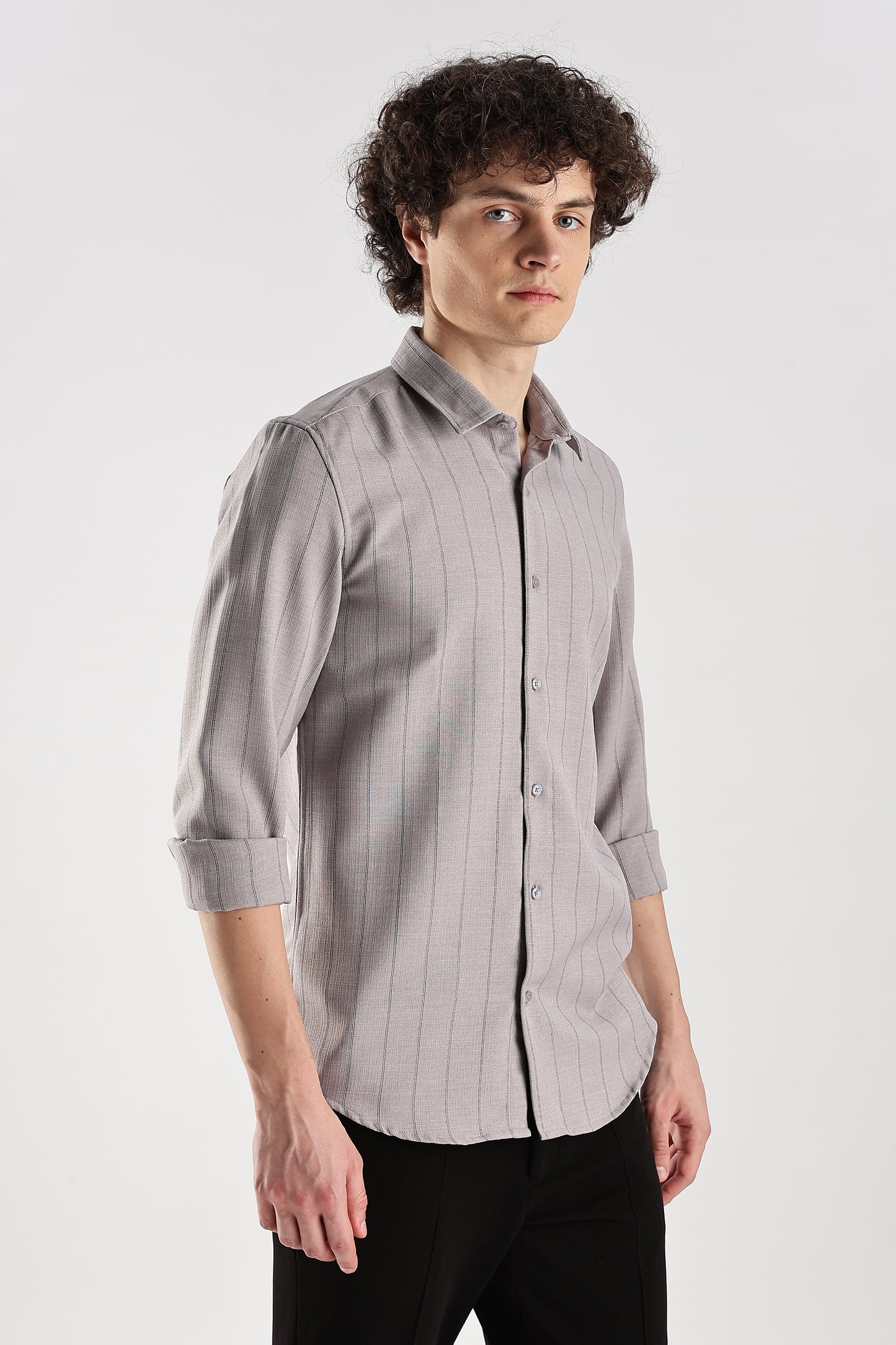 Men Air Like Linen Stripes Shirt-Lt Grey