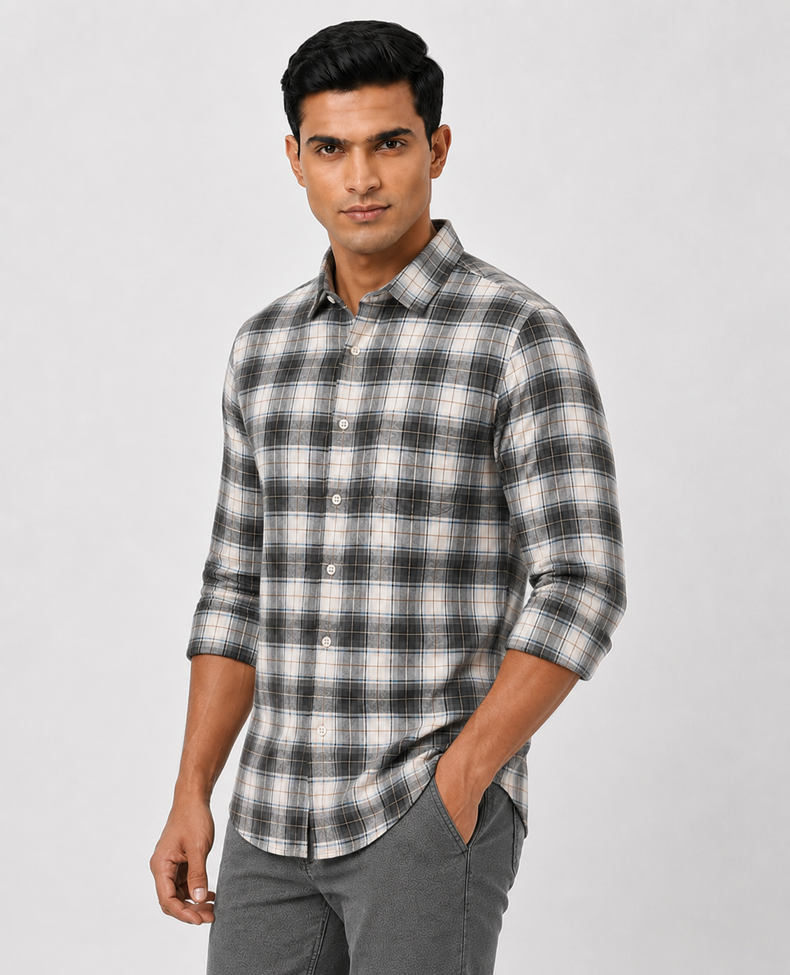 Men Oxford Square Checks Slim Fit Shirt – Grey Blue