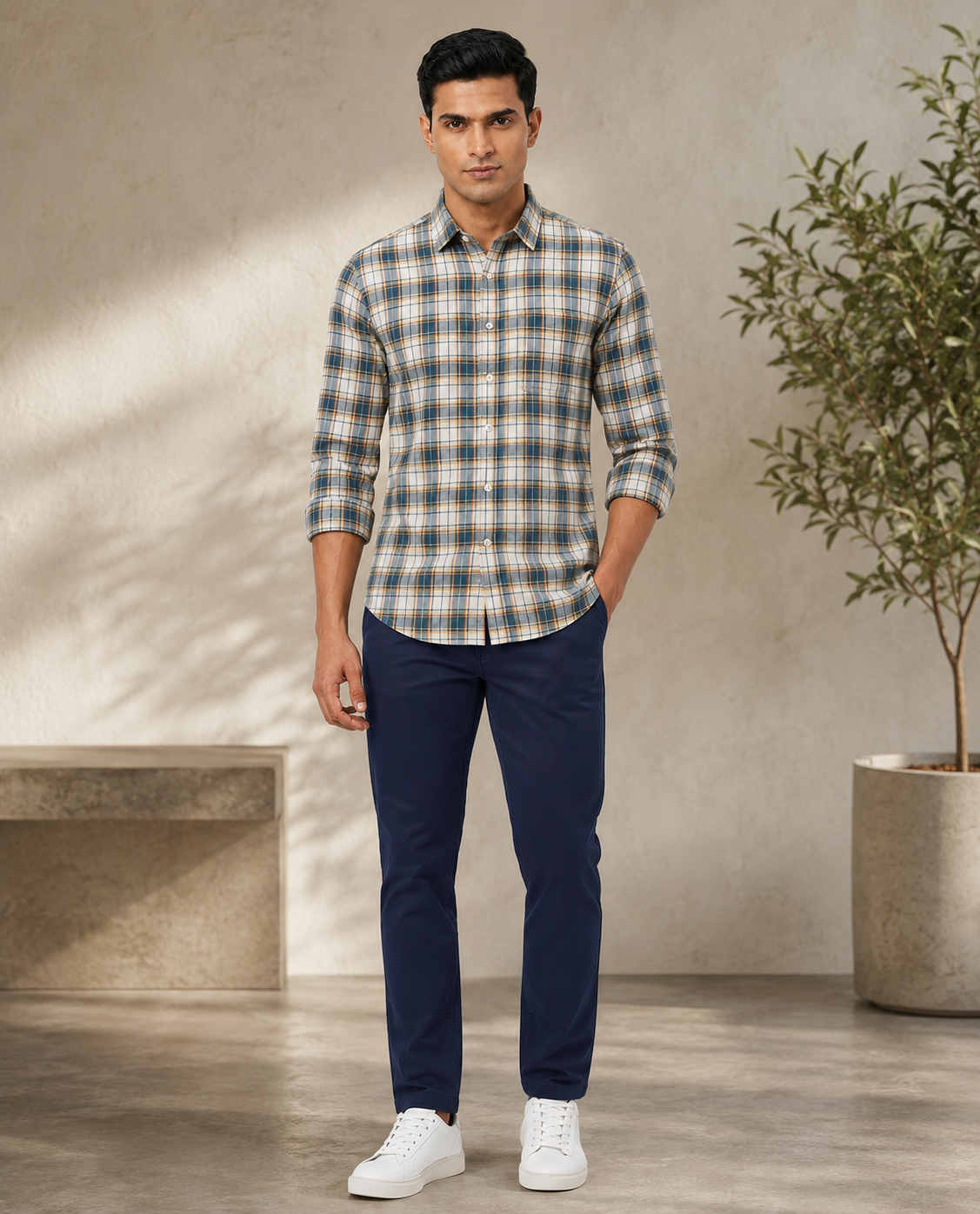 Men Oxford Square Checks Slim Fit Shirt – Aqua