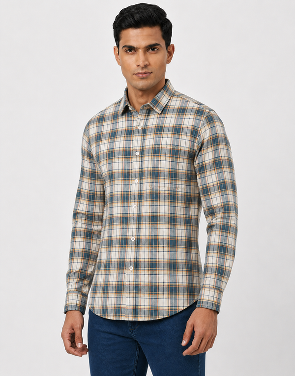Men Oxford Square Checks Slim Fit Shirt – Aqua